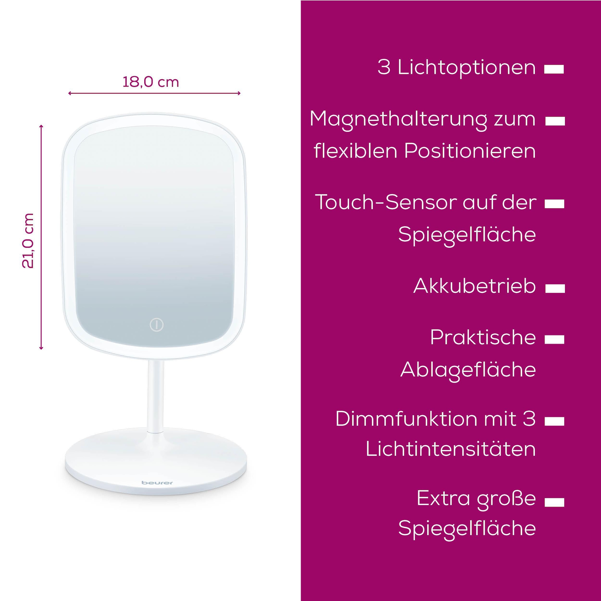 BEURER Kosmetikspiegel »BS 47, beleuchtet, mit Magnethalterung«, Drei verschiedene Lichtoptionen, Touch-Sensor auf der Spiegelfläche