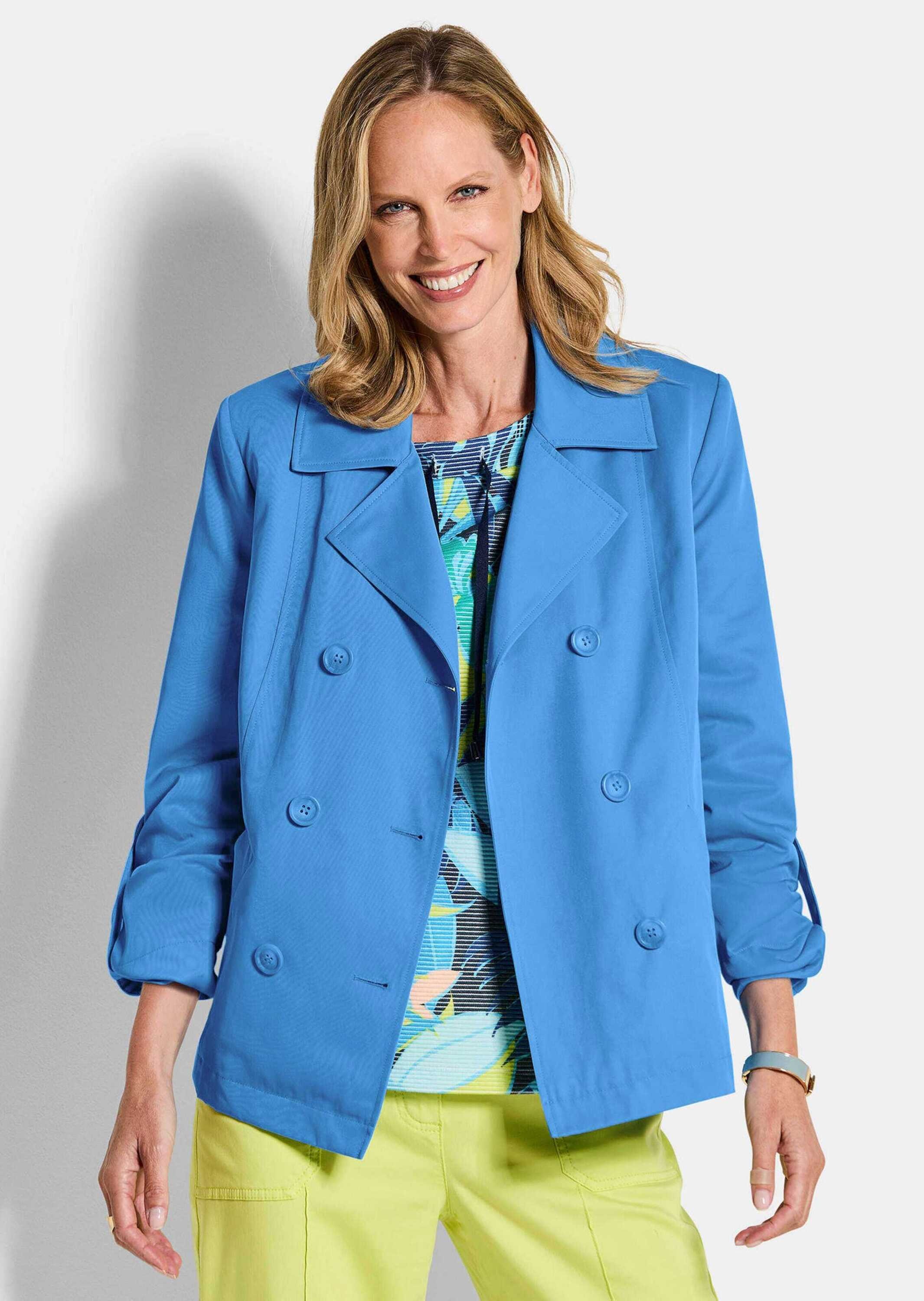 Jackenblazer GOLDNER "Elegante Kurzjacke mit Reverskragen", Damen, Gr. 44, blau, Obermaterial: 68% Baumwolle CO. 32% Polyester PES., gerade, Blazer, Ziernähte 2