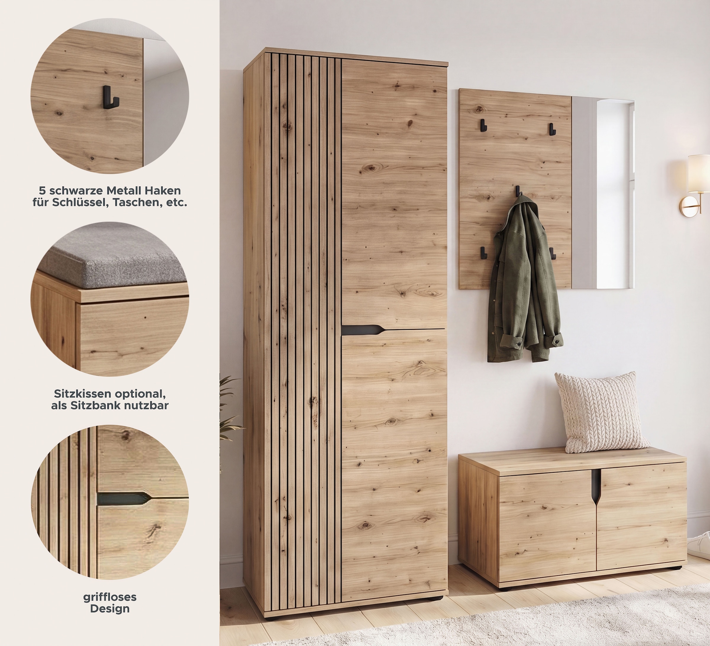 OTTO home Garderoben-Set »FJELL, 3-teilig, Breite 160cm, Front mit hochwertiger Längsfräsung«