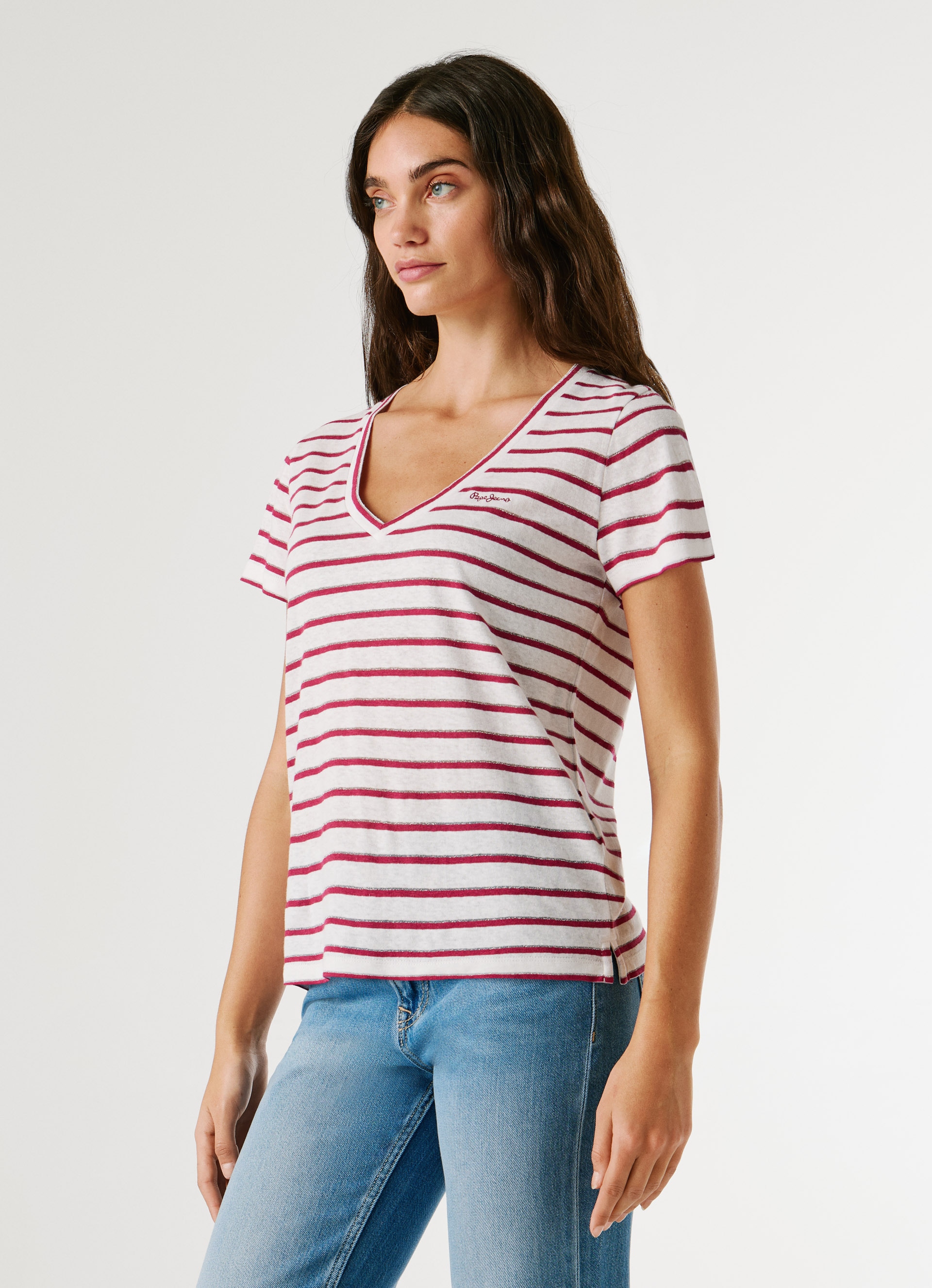 Pepe Jeans T-Shirt "MEGAN V-NECK STRIPED" aus Leinenmischung mit Glitzergar günstig online kaufen