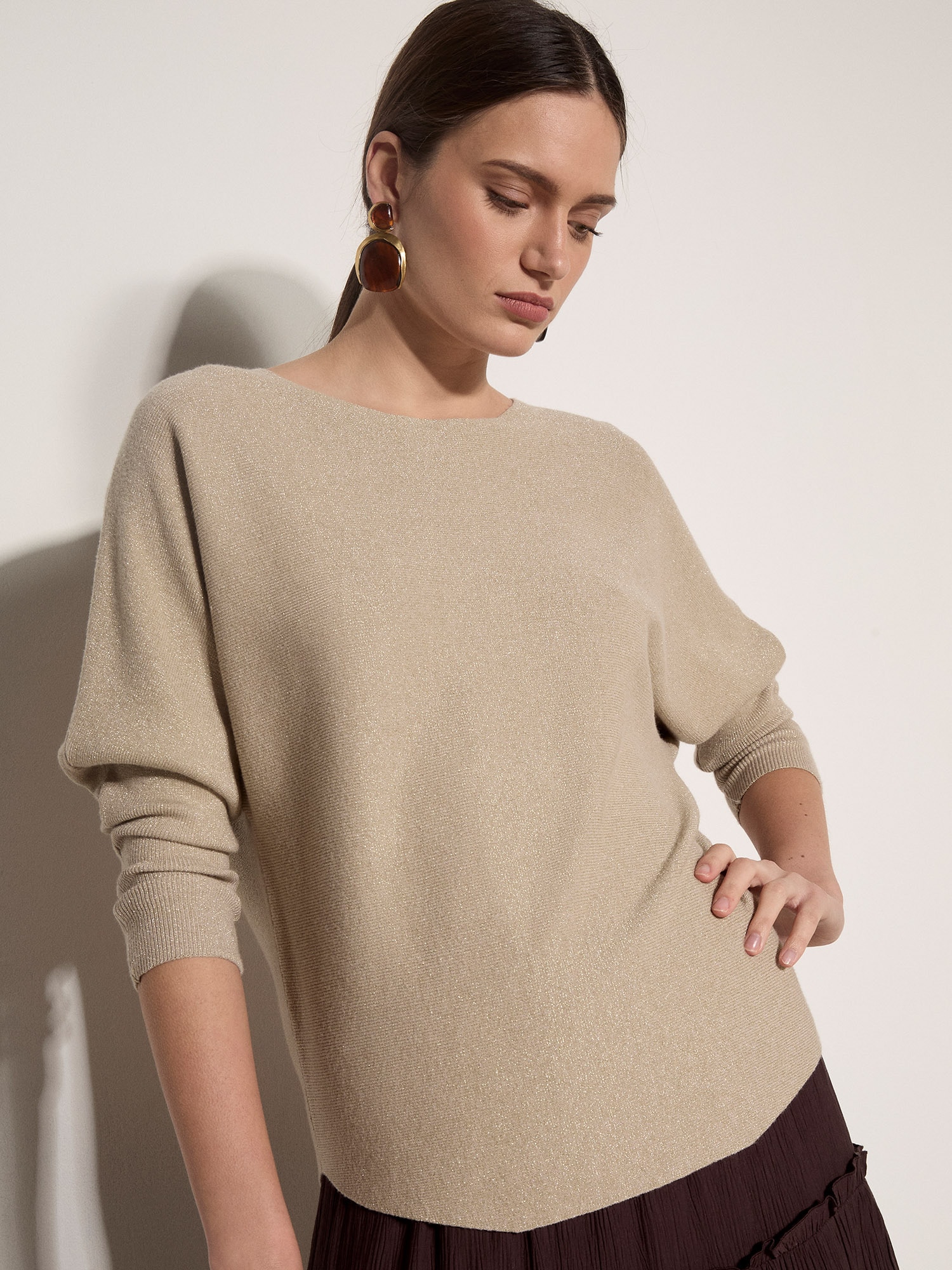 Apricot Rundhalspullover »Lurex-Ripp Oberteil« mit Fledermausärmeln