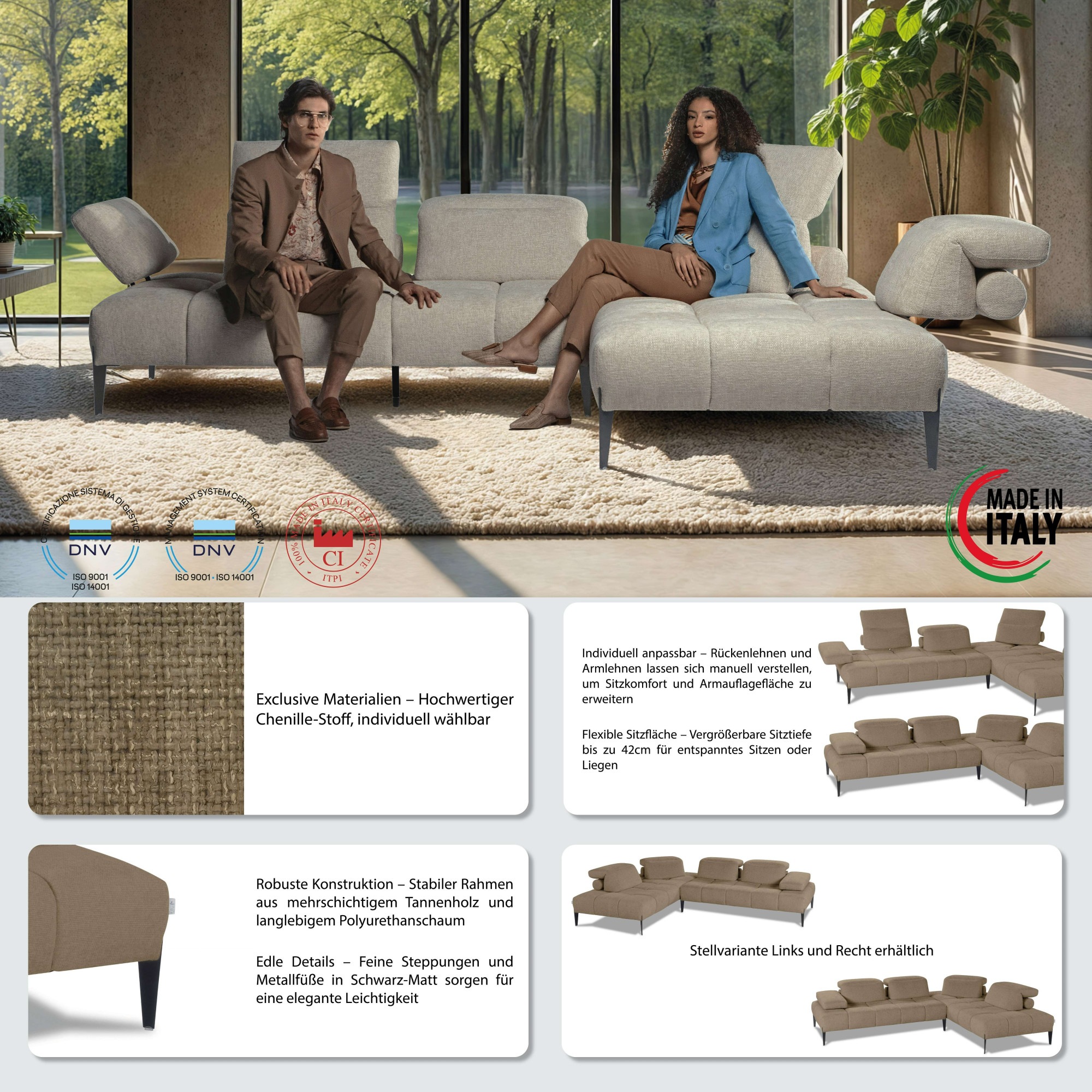 CALIA ITALIA Ecksofa »Skyline, Made in Italy, Design-Sofa, L-Form, mit Sitztiefenverstellung« verstellbare Armlehne und Kopfstütze für maximalen Komfort