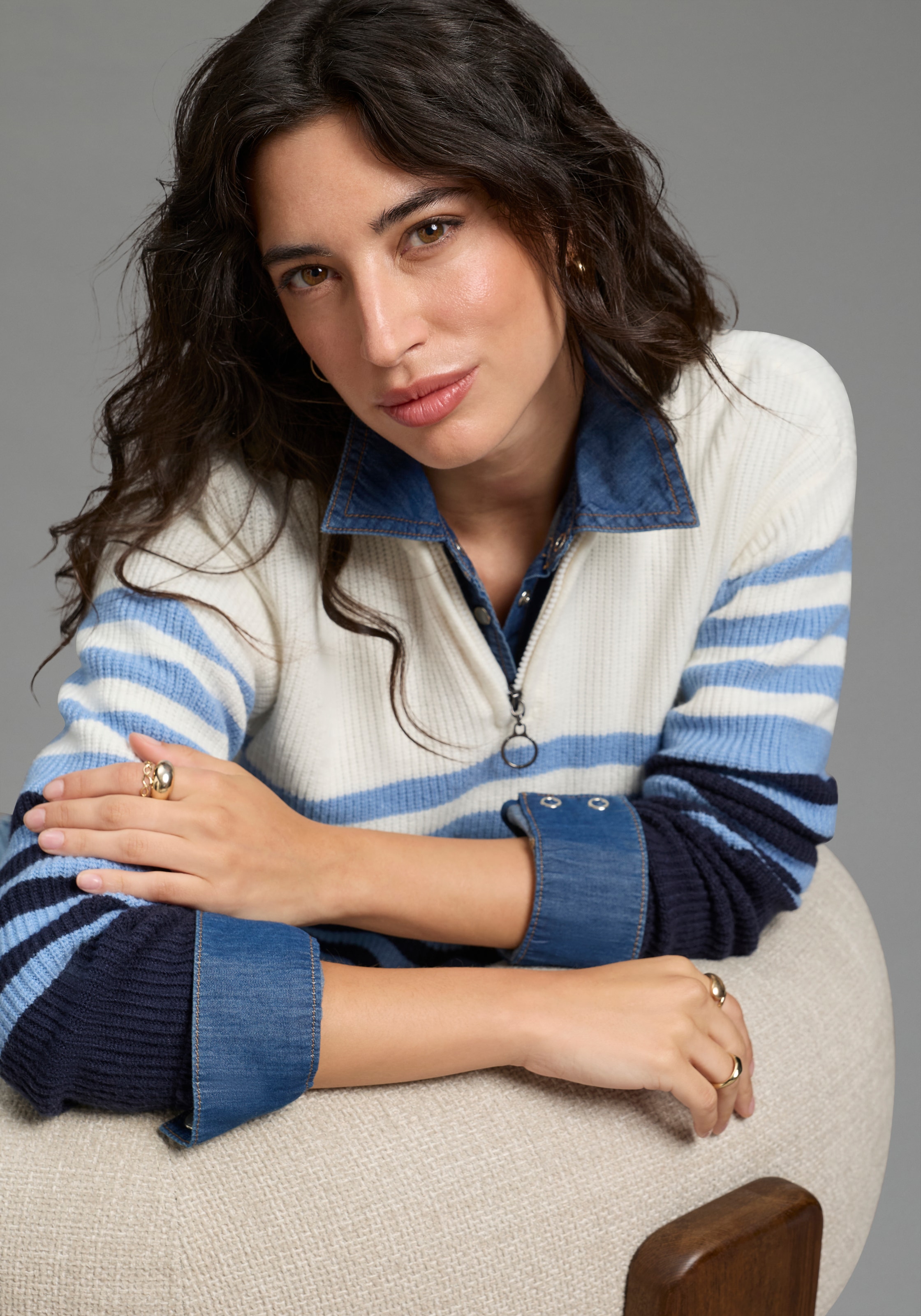 Laura Scott Strickpullover »im maritimen Streifenlook mit Troyerkragen« mit hüftlanger Passform