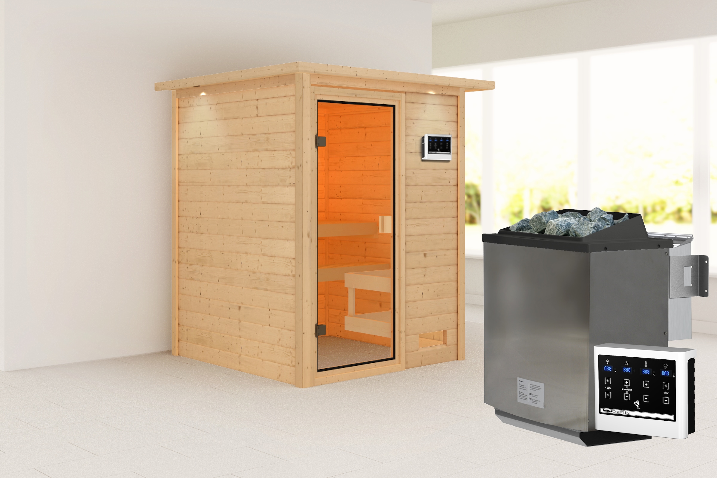 Karibu Sauna ""Sandy" mit bronzierter Tür und Kranz, Ofen 9 kW, naturbelassen" aus hochwertiger nordischer Fichte und 9 kW Ofen mit integr. Steuerung