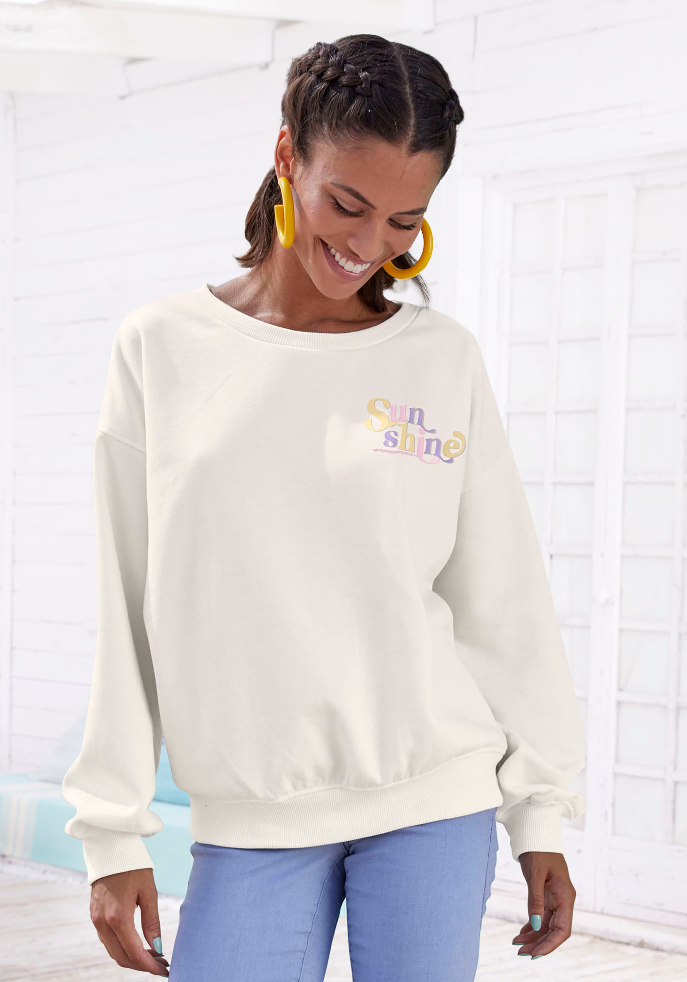 Buffalo Sweatshirt, mit Rippbündchen und Sunshine Druck, Loungewear