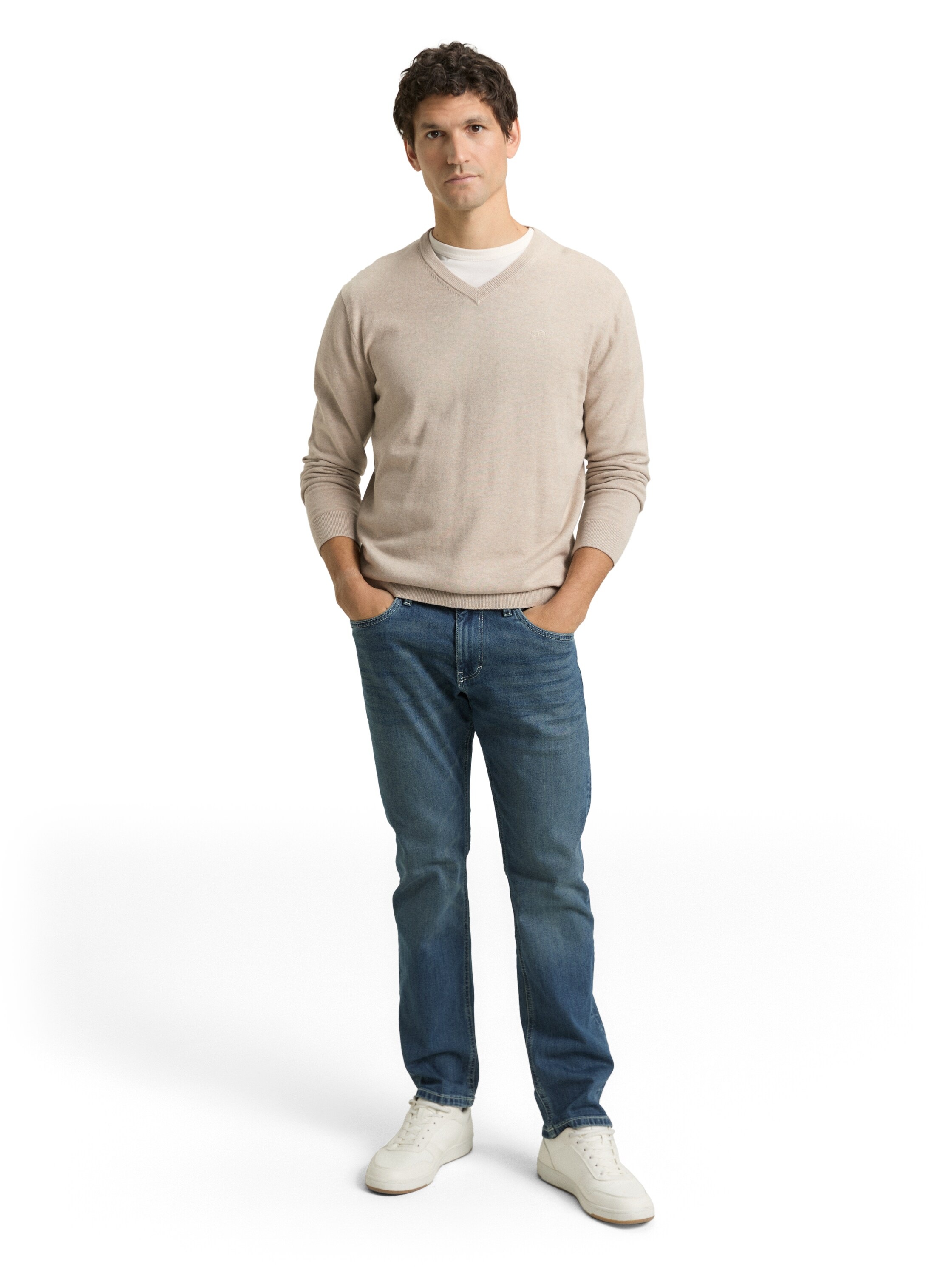 V-Ausschnitt-Pullover TOM TAILOR, Damen, Gr. M, cashew beige melange, Strick, Obermaterial: 100% Baumwolle, meliert, regular fit normal, V-Ausschnitt, Rippbündchen, Pullover, mit kleiner Logo-Stickerei 3