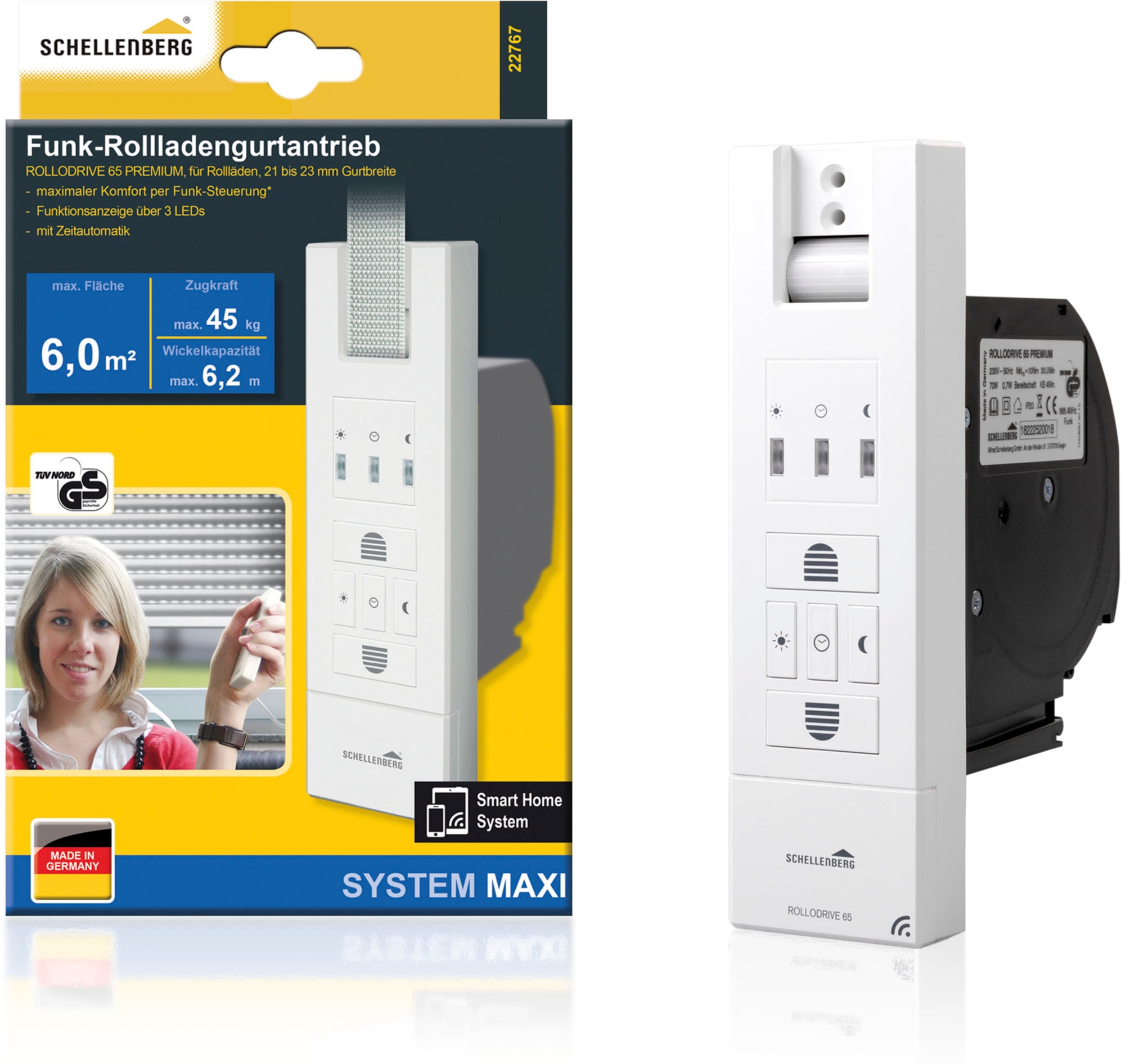 SCHELLENBERG Rollladengurt-Antrieb »Unterputz, elektrischer Funk-Gurtwickler RolloDrive 65 Premium«, bis 6 m² Fläche und 45 kg Zugkraft, Smart Home fähig, System Maxi