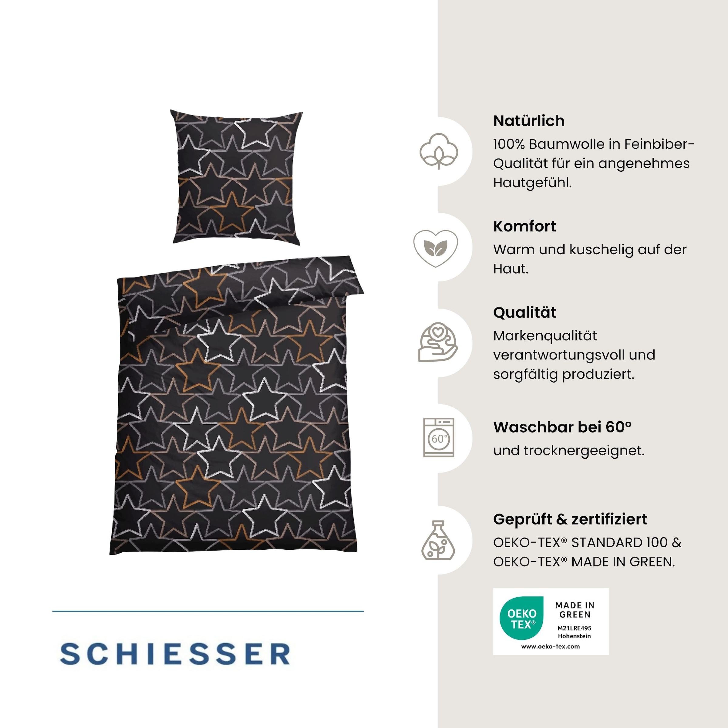 Schiesser Bettwäsche »Lizzy aus weicher Baumwolle mit coolem Sterne-Print« 2 Stk. OEKO-TEX® MADE IN GREEN-zertifiziert