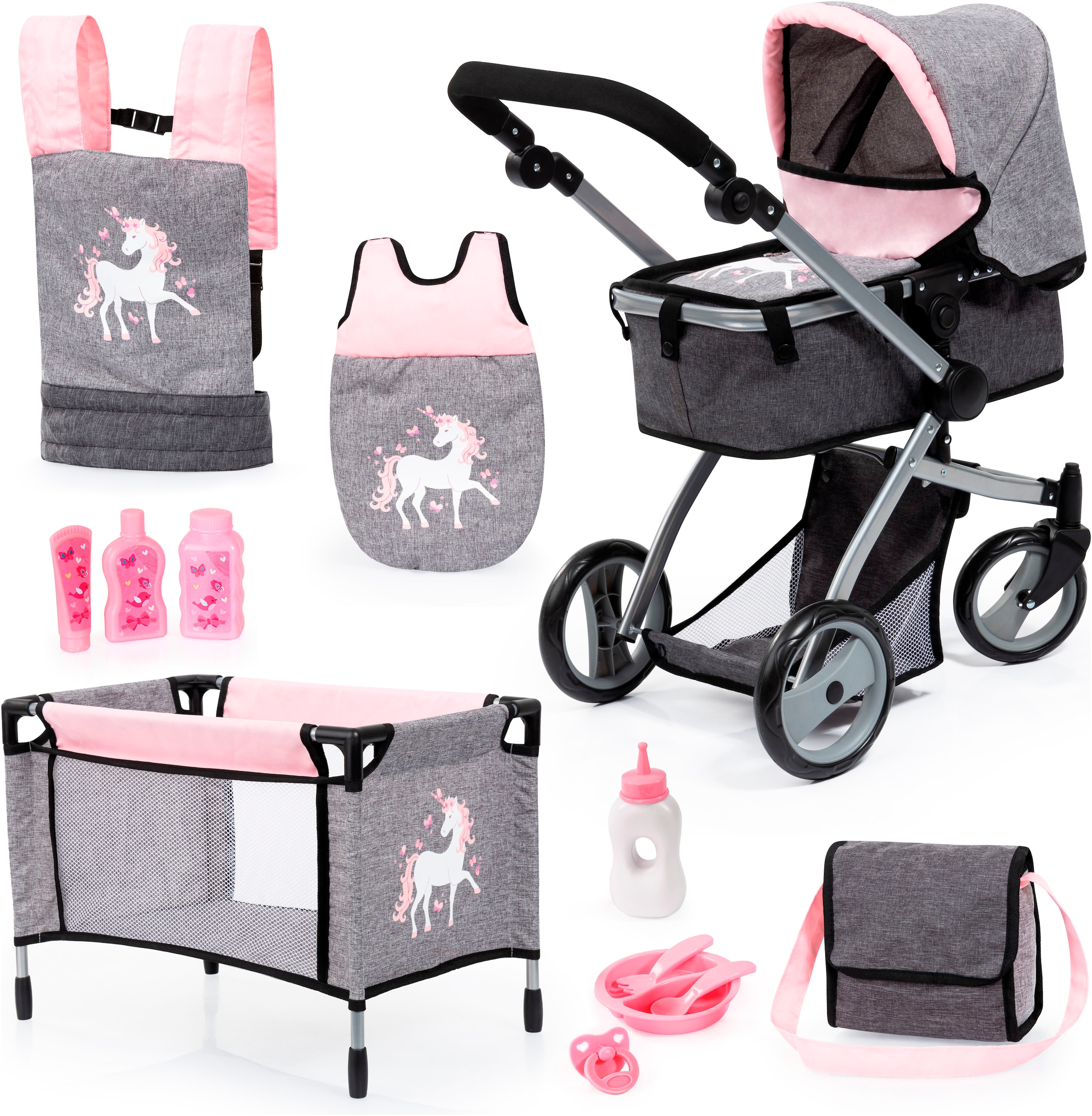 Puppenwagen »Mega grau/rosa«, (Set), mit Reisebett, Schlafsack, Wickeltasche und Zubehör