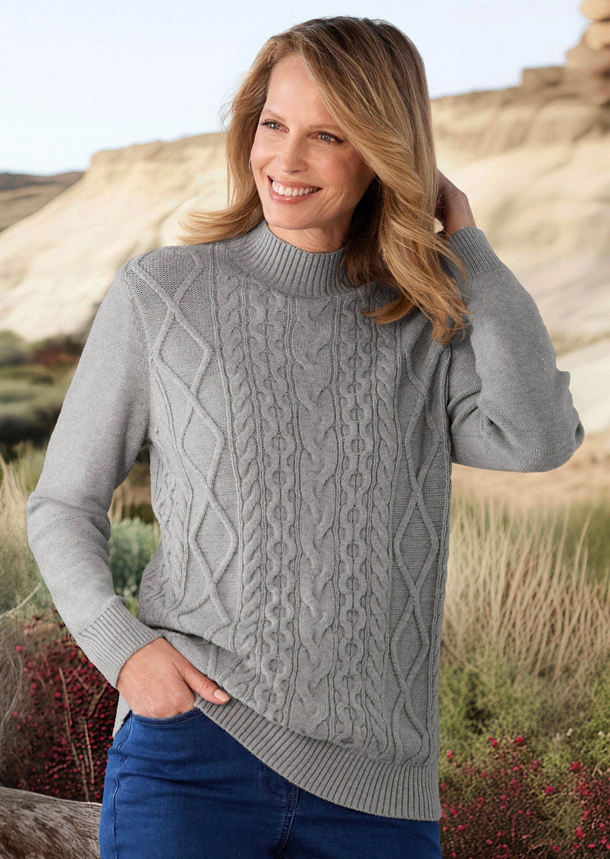 GOLDNER Strickpullover "Langarm Viskoseoberteil im Zopfmuster" Stehbund günstig online kaufen