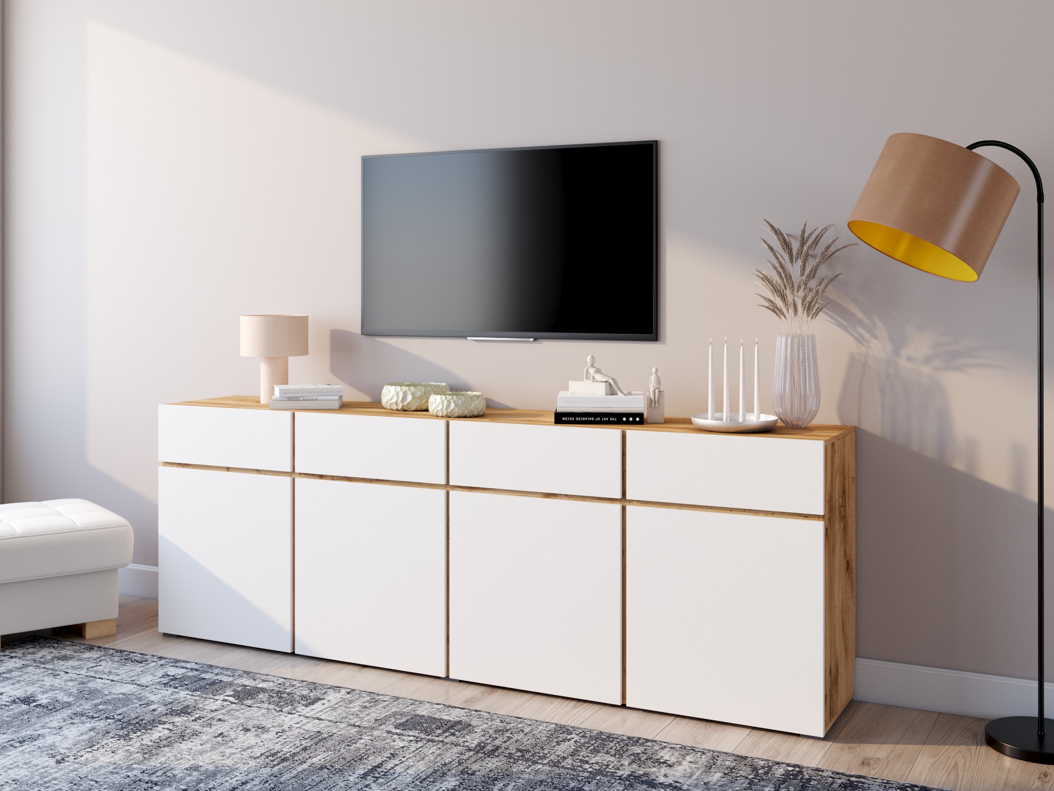 OTTO home Sideboard »Cross,Breite 225 cm, moderne grifflose Kommode,4 Türen/4 Schubkästen« Schubladenschrank mit viel Stauraum, Einlegeböden verstellbar
