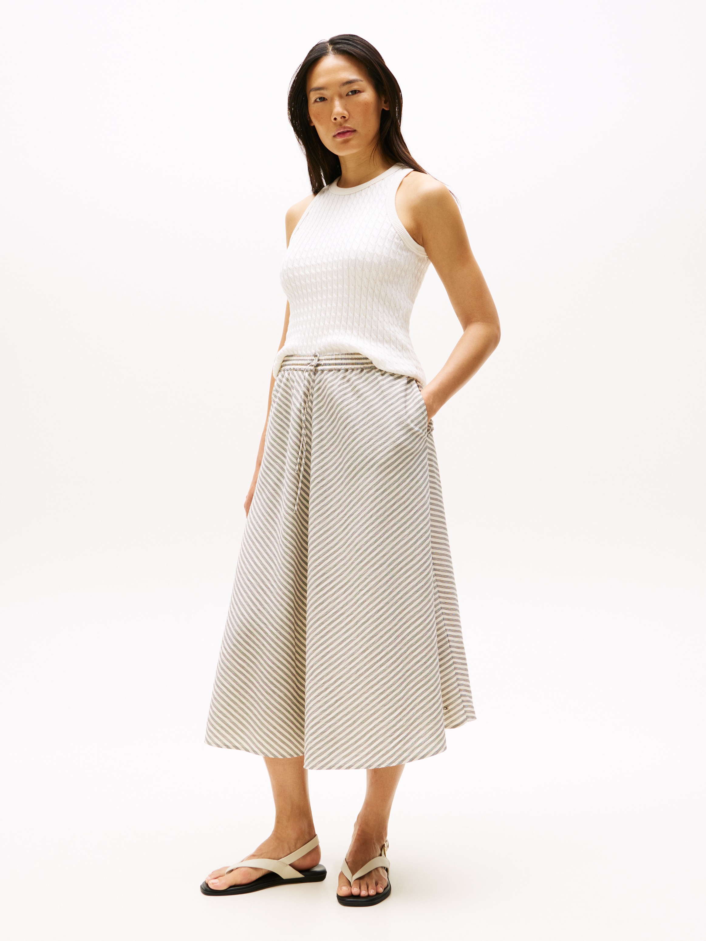 Tommy Hilfiger A-Linien-Rock »CRINKLE VISCOSE MIX MIDI SKIRT«, mit Streifenmuster, mit Tunnelzug am Bund