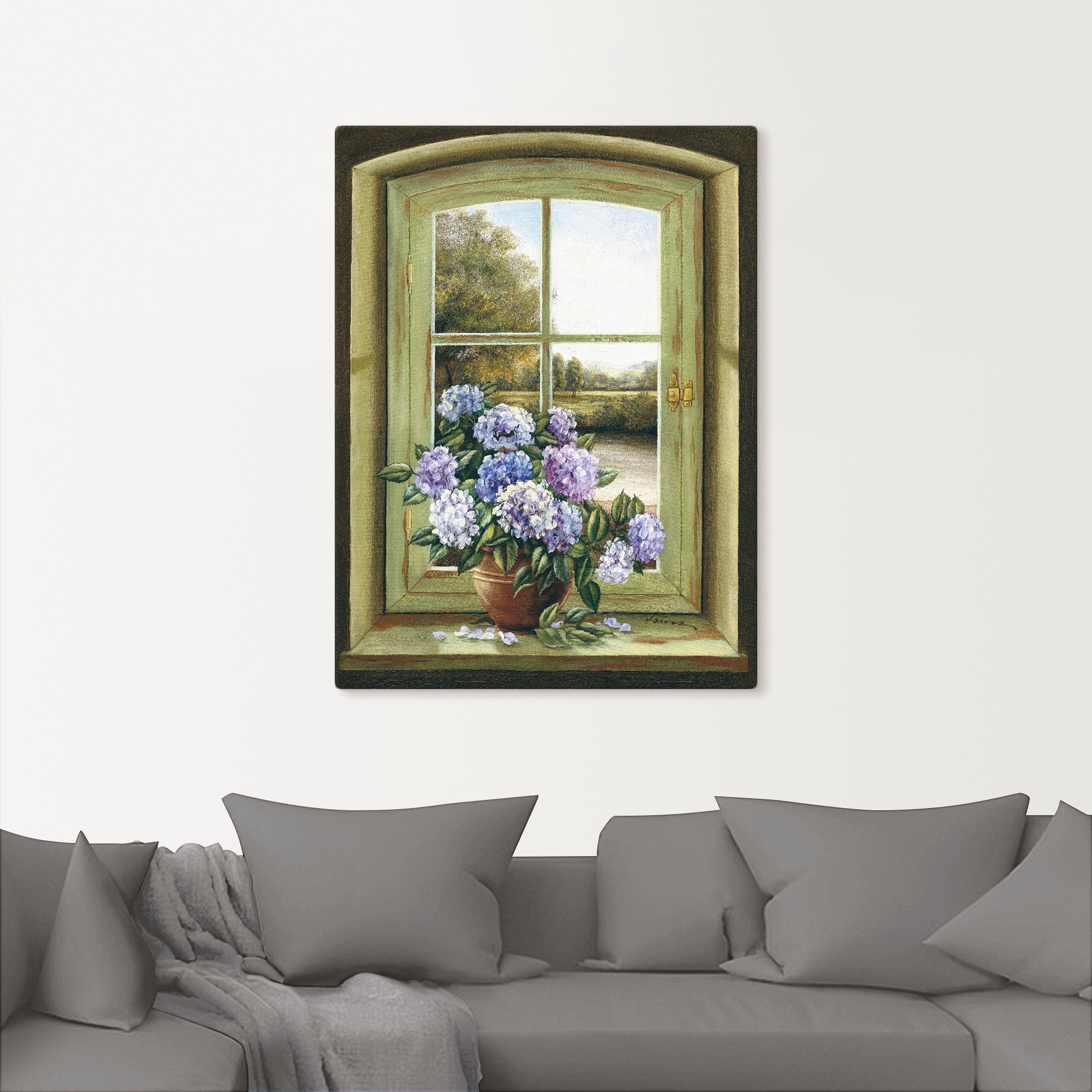 Artland Wandbild »Hortensien am Fenster«, Arrangements, (1 St.), als Alubild, Outdoorbild, Leinwandbild, Poster, Wandaufkleber