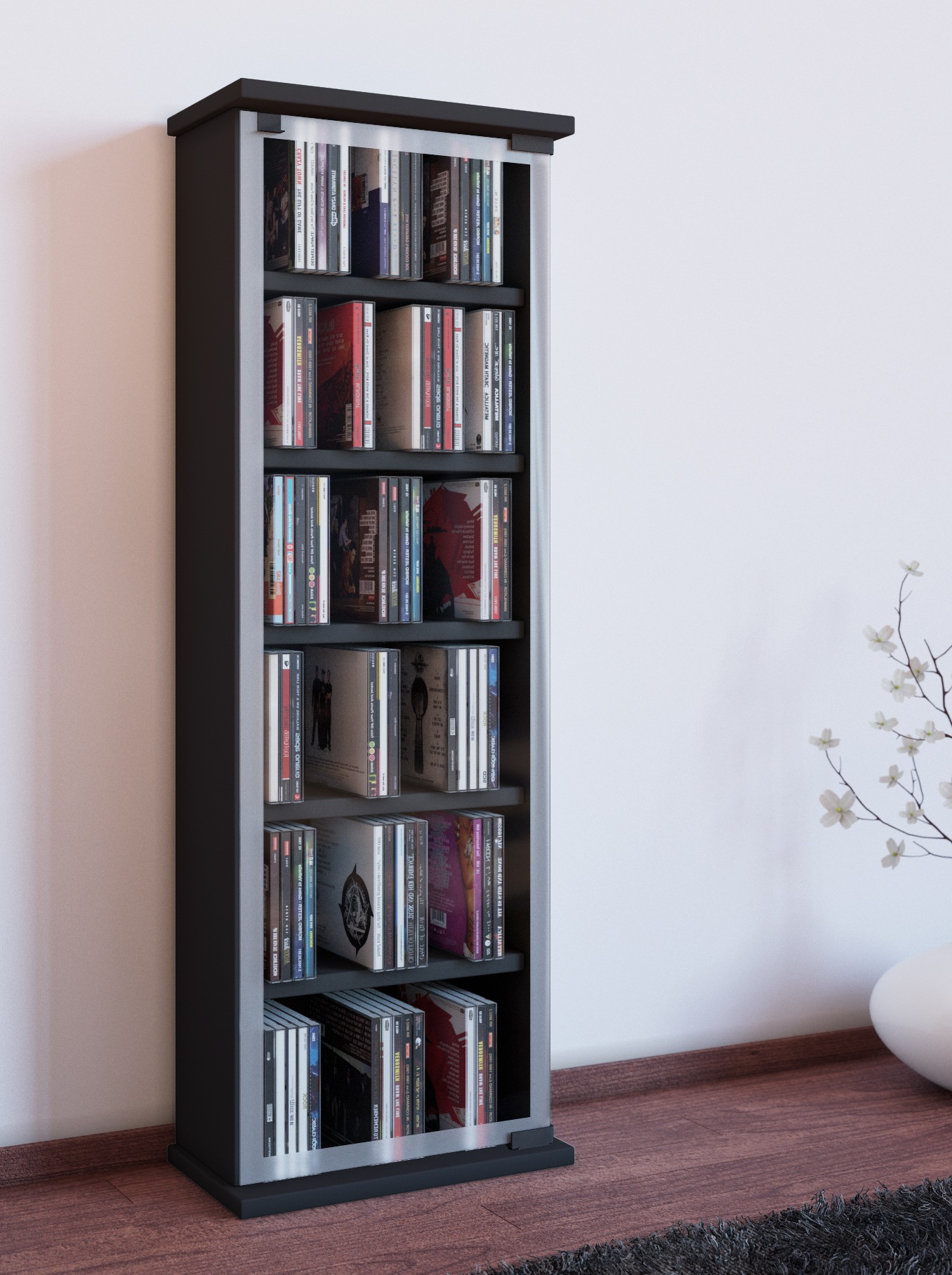VCM Media-Regal »VCM CD Regal Holz | CD Schrank mit ESG-Sicherheitsglastüren für 204 CDs oder 72 DVDs | Maße: H. 92 x B. 31 x T. 18 cm | Elegantes DVD Regal mit Rollen | Blu ray Regal | CD Regal - Classic«