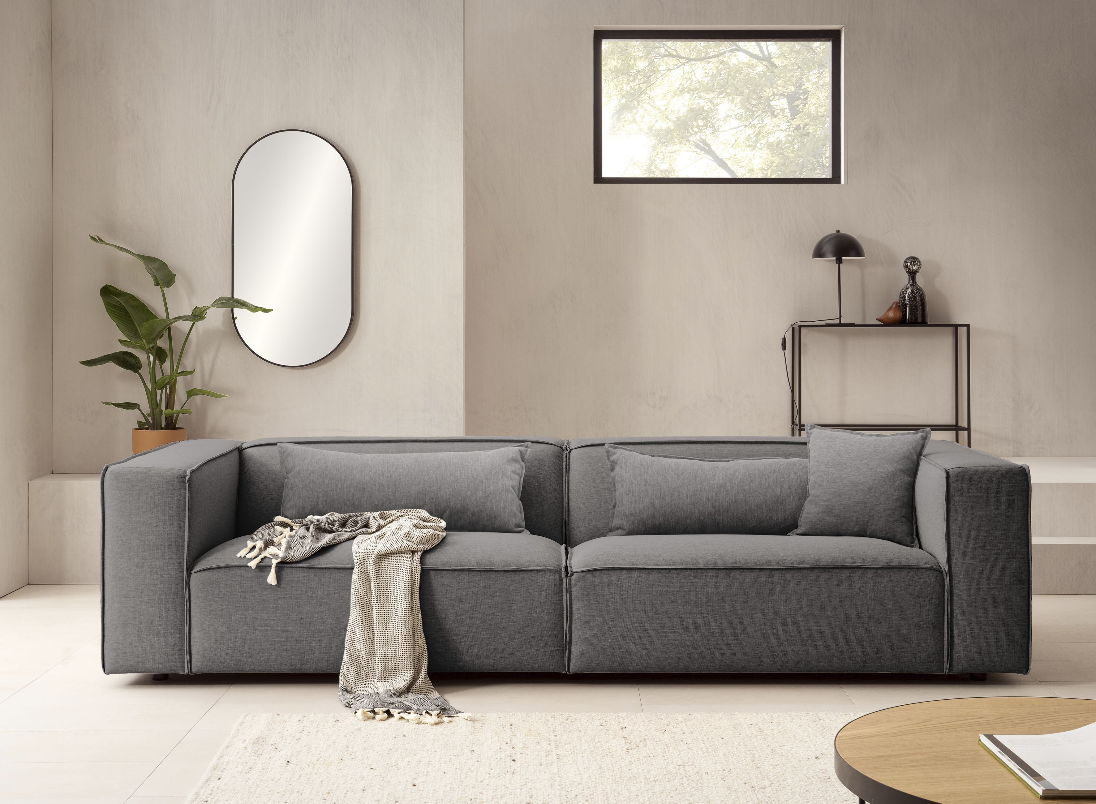 LeGer Home by Lena Gercke 3-Sitzer "PIARA, Struktur u. Leinenoptik, Sofa mit Kedernaht" schwarze Füße, bequemer Sitzkomfort