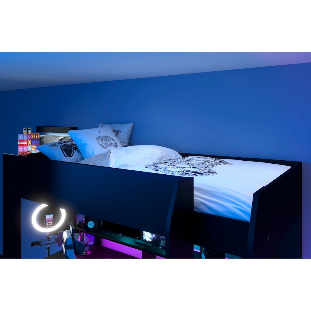 Parisot Hochbett, Gaming-Bett, mit USB, LED, Stauraum, Schreibtisch