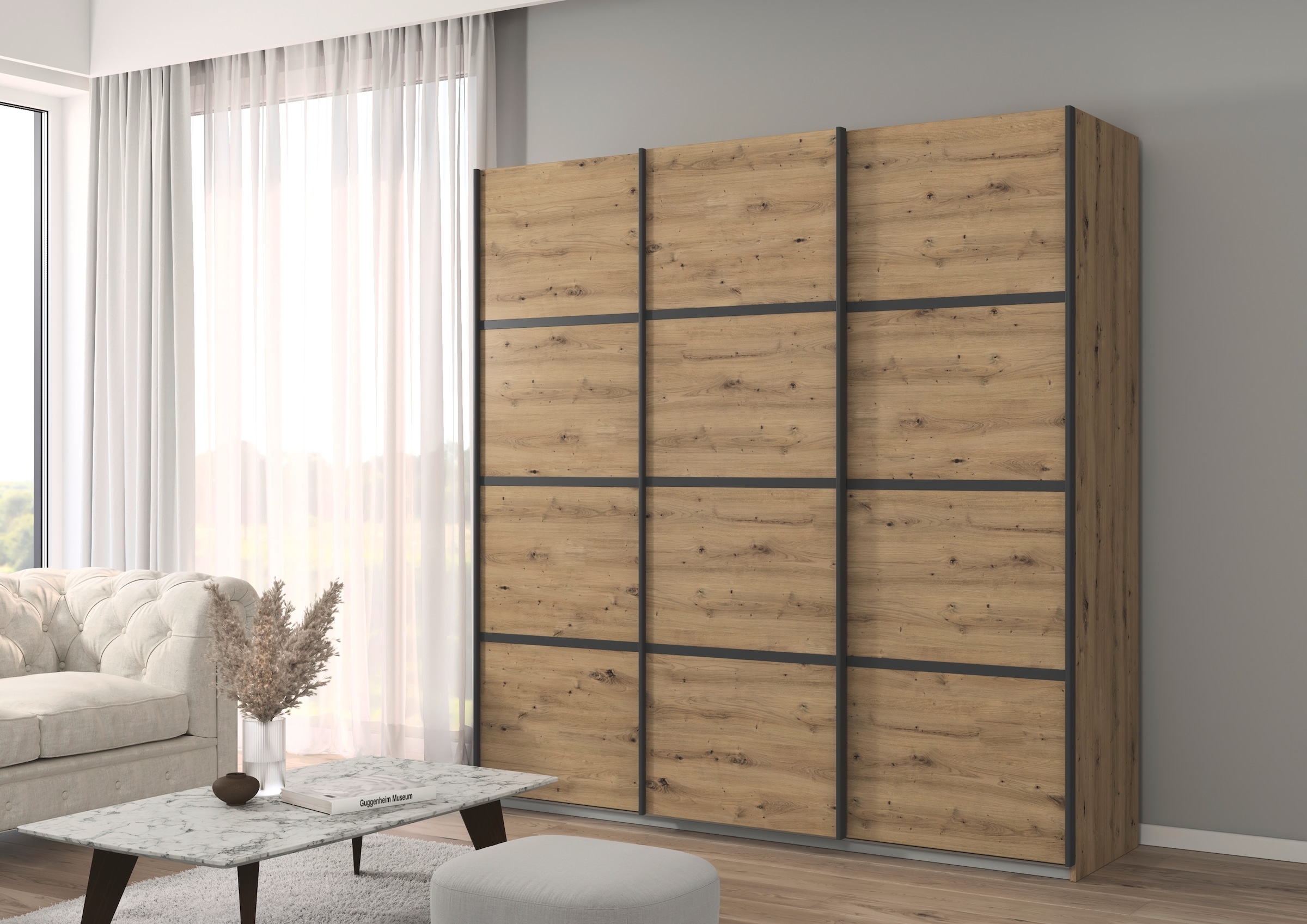 rauch Kleiderschrank »Schwebetürenschrank Garderobe Schrank TOP ANGEBOT Avola«, (in 3 verschiedenen Ausstattungen BASIC/CLASSIC/PREMIUM), mit eleganten Zierleisten in Chrom, Schwarz oder Weiß MADE IN GERMANY