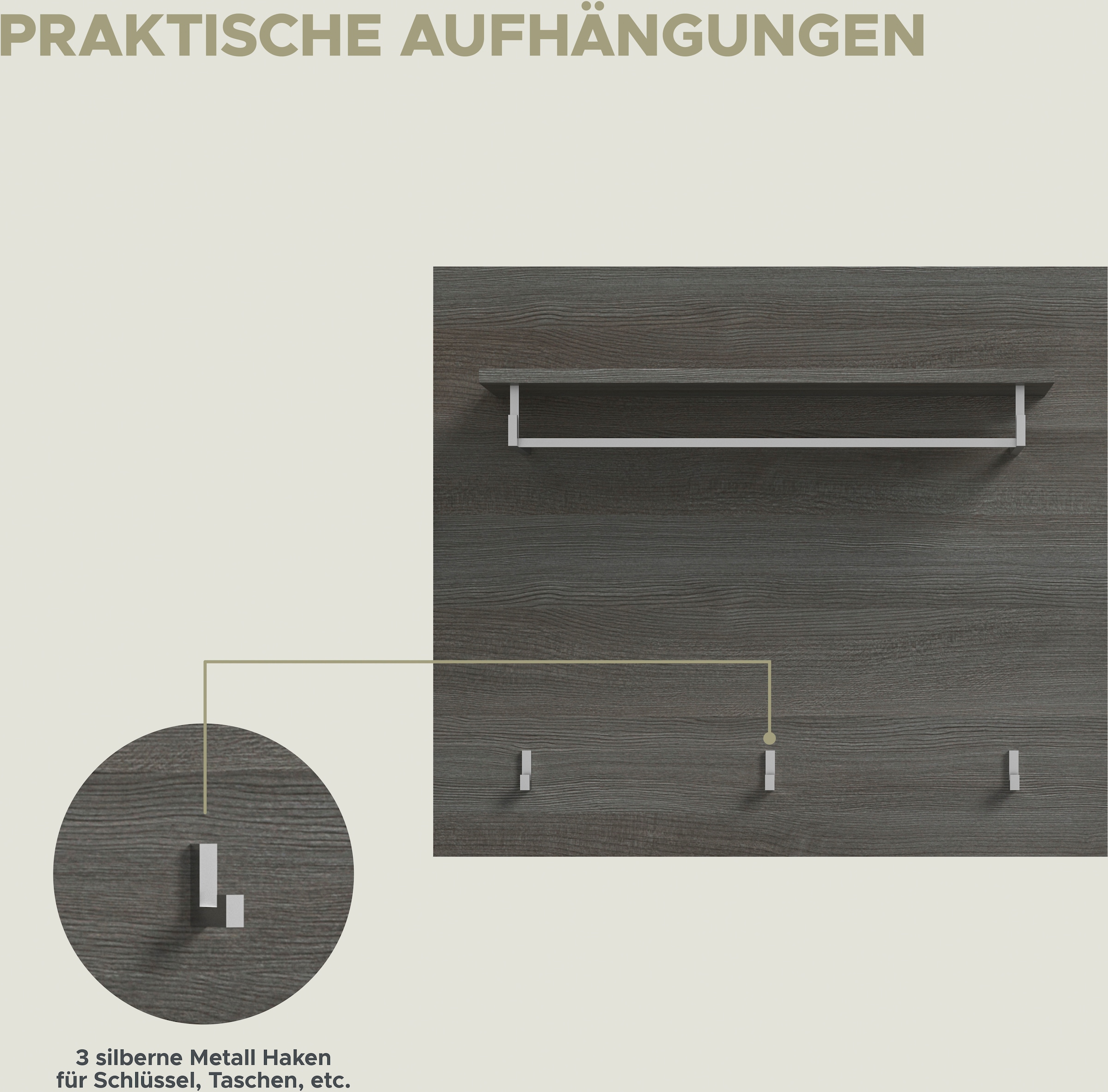 INOSIGN Garderobenpaneel »Rumba, Breite 80cm, 3 Haken, 1 Kleiderstange, 1 Ablageboden«, Garderobe, Paneel, Wandpaneel, Flurmöbel