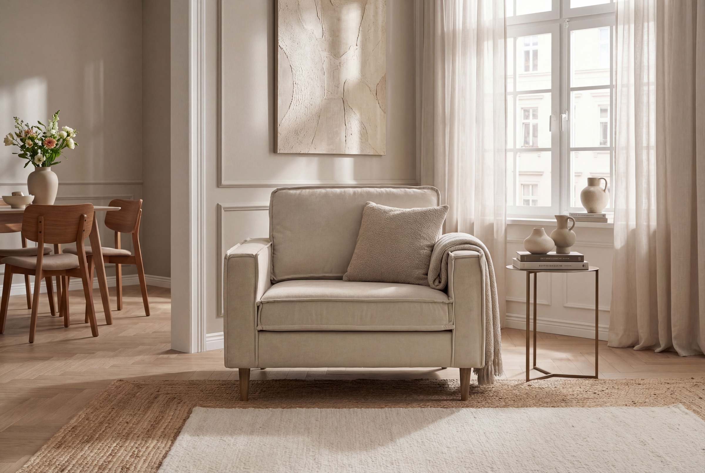 OTTO home Loveseat "Pinto Skandi 105 cm, Chenille, Struktur" mit Keder, Massivholzfüße Eiche geräuchert