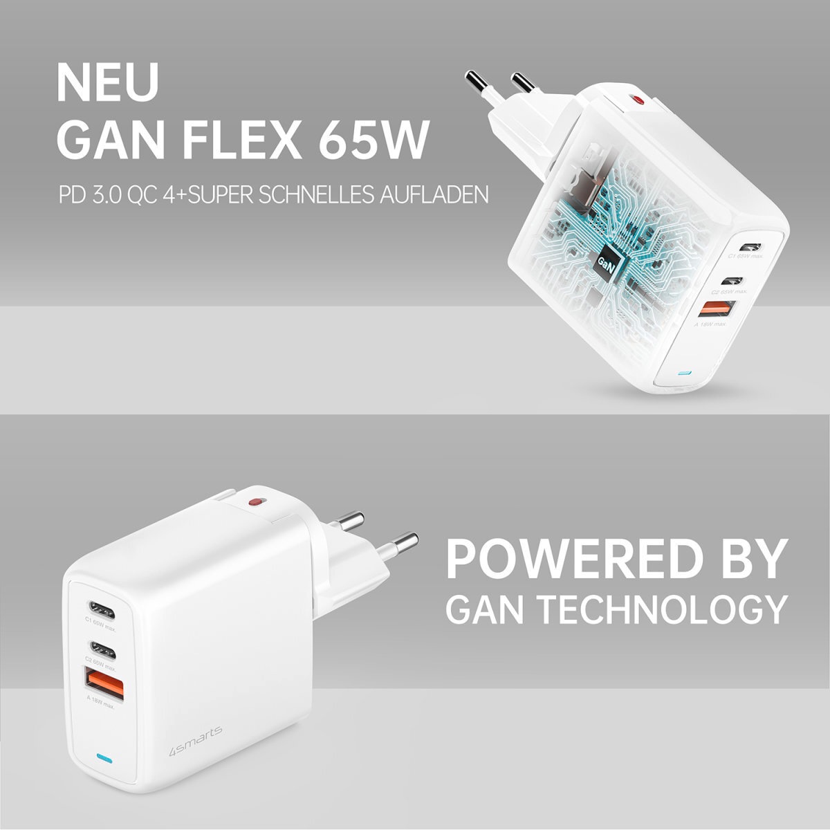 4smarts USB-Ladegerät »GaN Flex 65 W 2 USB-C+1 USB-A«