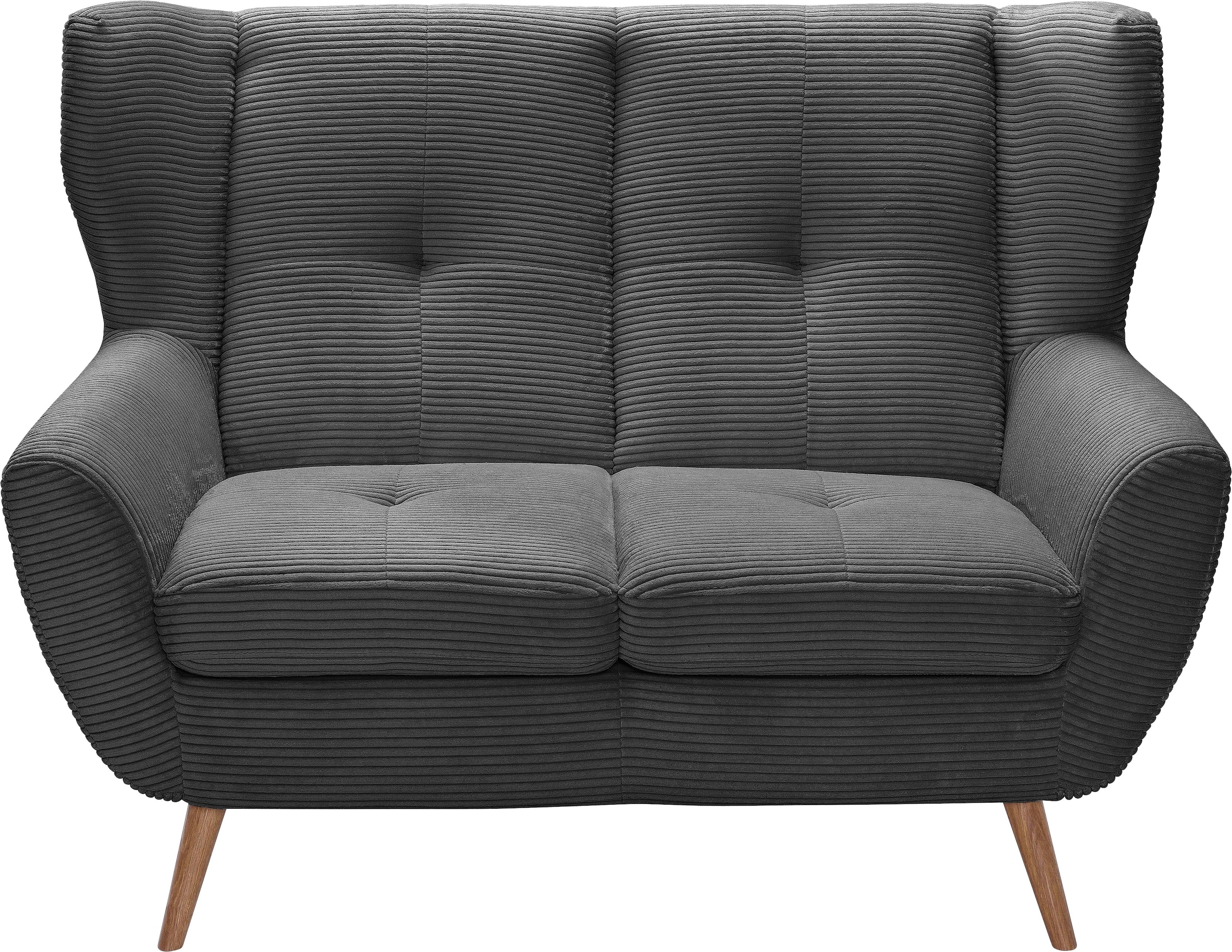 exxpo - sofa fashion 2-Sitzer »ALVESTA, Loungesofa, Küchensofa, hoher Sitzkomfort, Ohrenbackensofa«, gemütliche Rückenlehne, mit Knopfheftung und hohen Holzfüßen, in Cord
