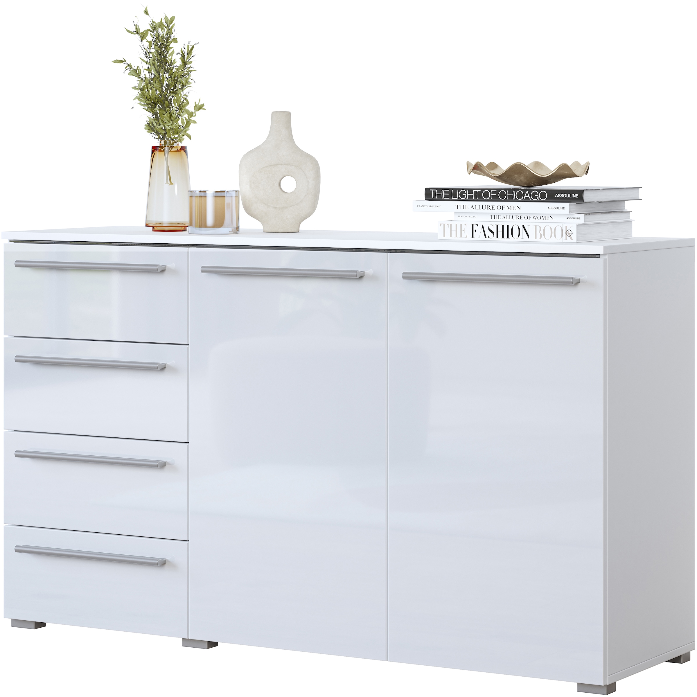 INOSIGN Sideboard »India, aus FSC-zertifiziertem Holzwerkstoff, Made in Europe«, (135x81x41 (BxHxT), Schieferoptik oder weiß mit Hochglanzfronten), Schubladenschrank inklusive Beleuchtung mit Fernbedienung