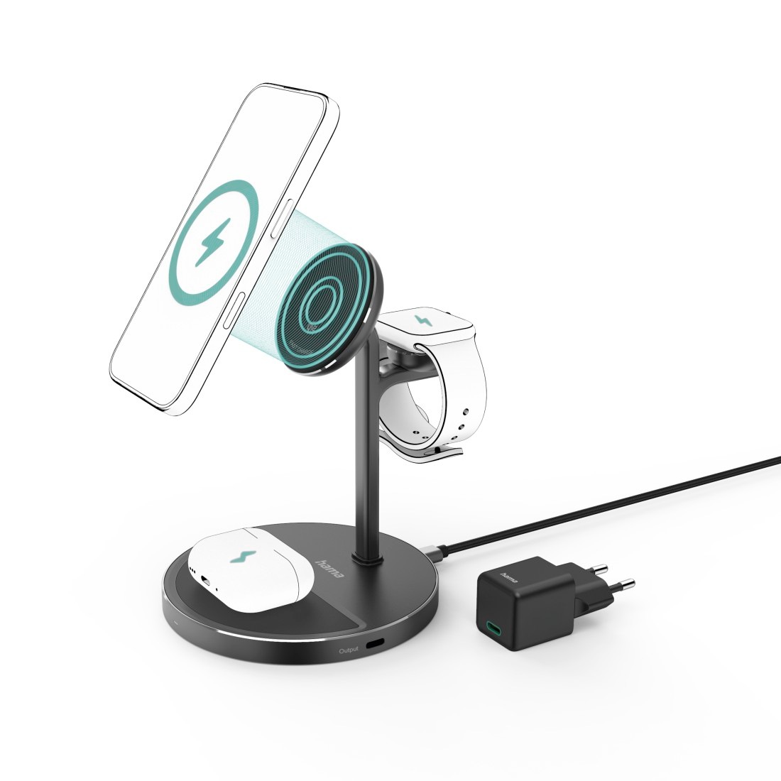 Hama Wireless Charger »Qi2-Ladestation mit 15 W und magnetischer Smartphone-Halterung« Magnetische Ausrichtung, Standhalterung, Apple-Watch-Lademodul