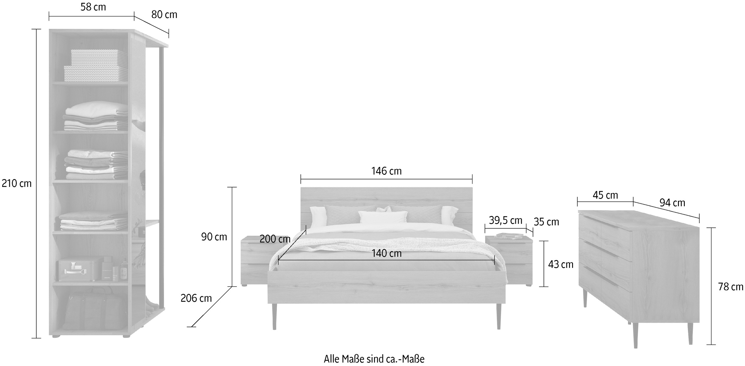 Gami Schlafzimmer-Set, Vollständiges Zimmer mit funktionalen und praktischen Ablagen!