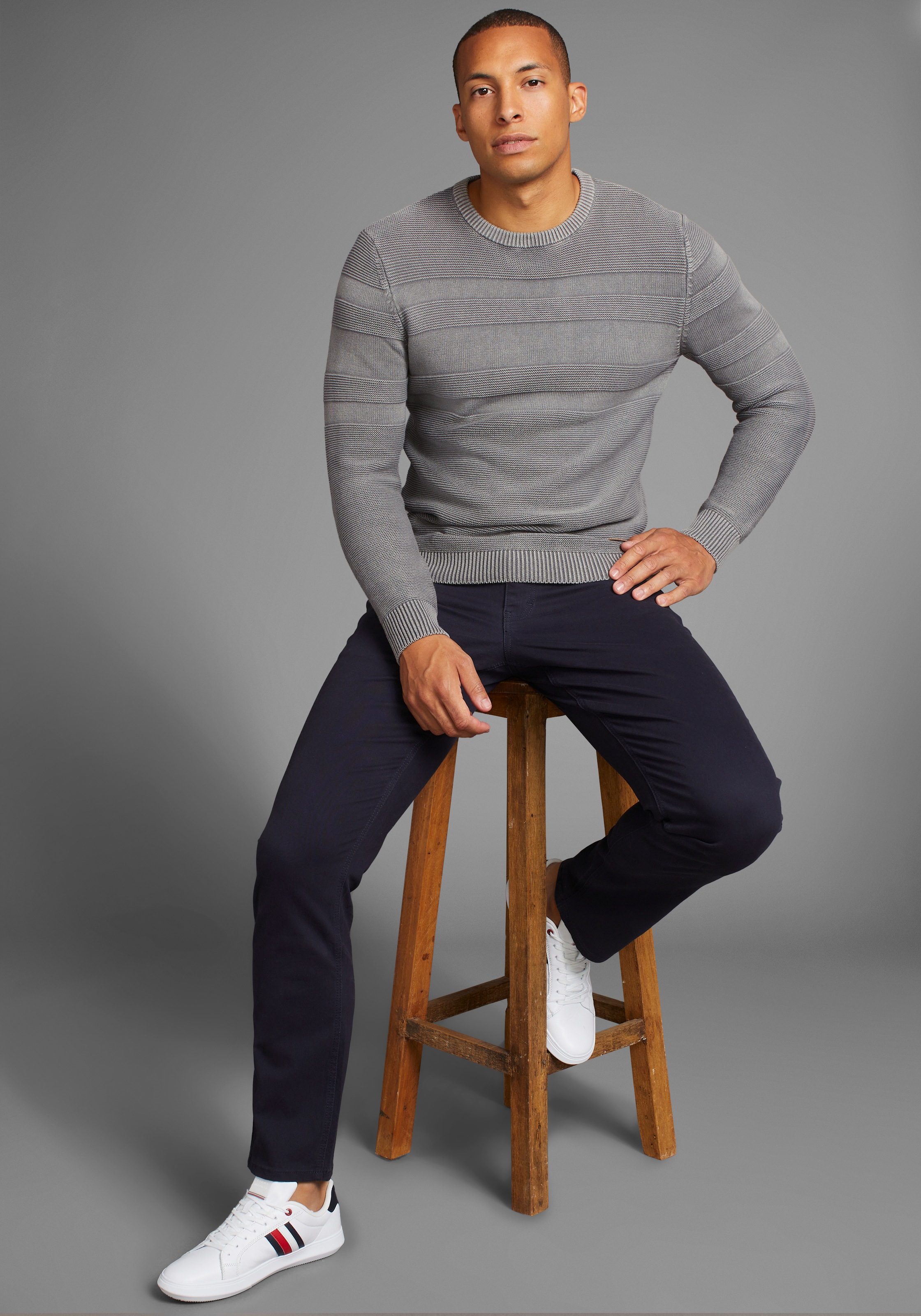 Jacquardpullover BRUNO BANANI, Herren, Gr. 4XL (68/70), grau (grau stone), Strick, Obermaterial: 100% Baumwolle, used, Basic schmal, Rundhals, Rippbündchen, Pullover 3
