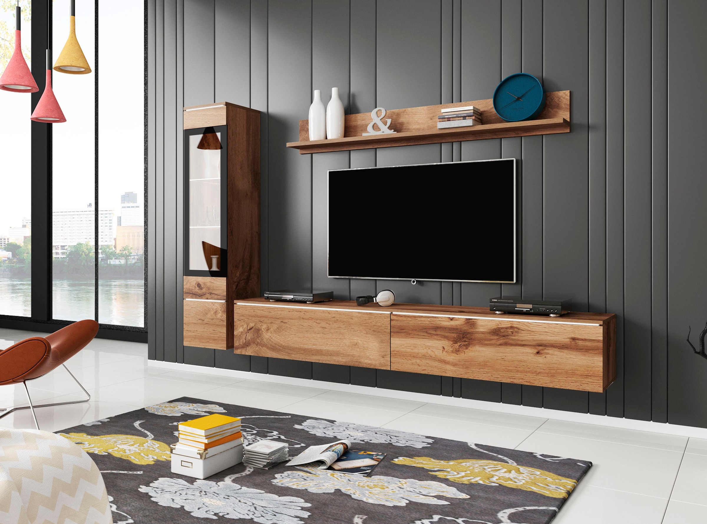 INOSIGN Wohnwand »VERA I, Vitrinen Türanschlag links/rechts wechselbar«, (Komplett-Set, 3 St.), Mediawand 230 cm, Vitrine mit Verglasung, stehend und hängend
