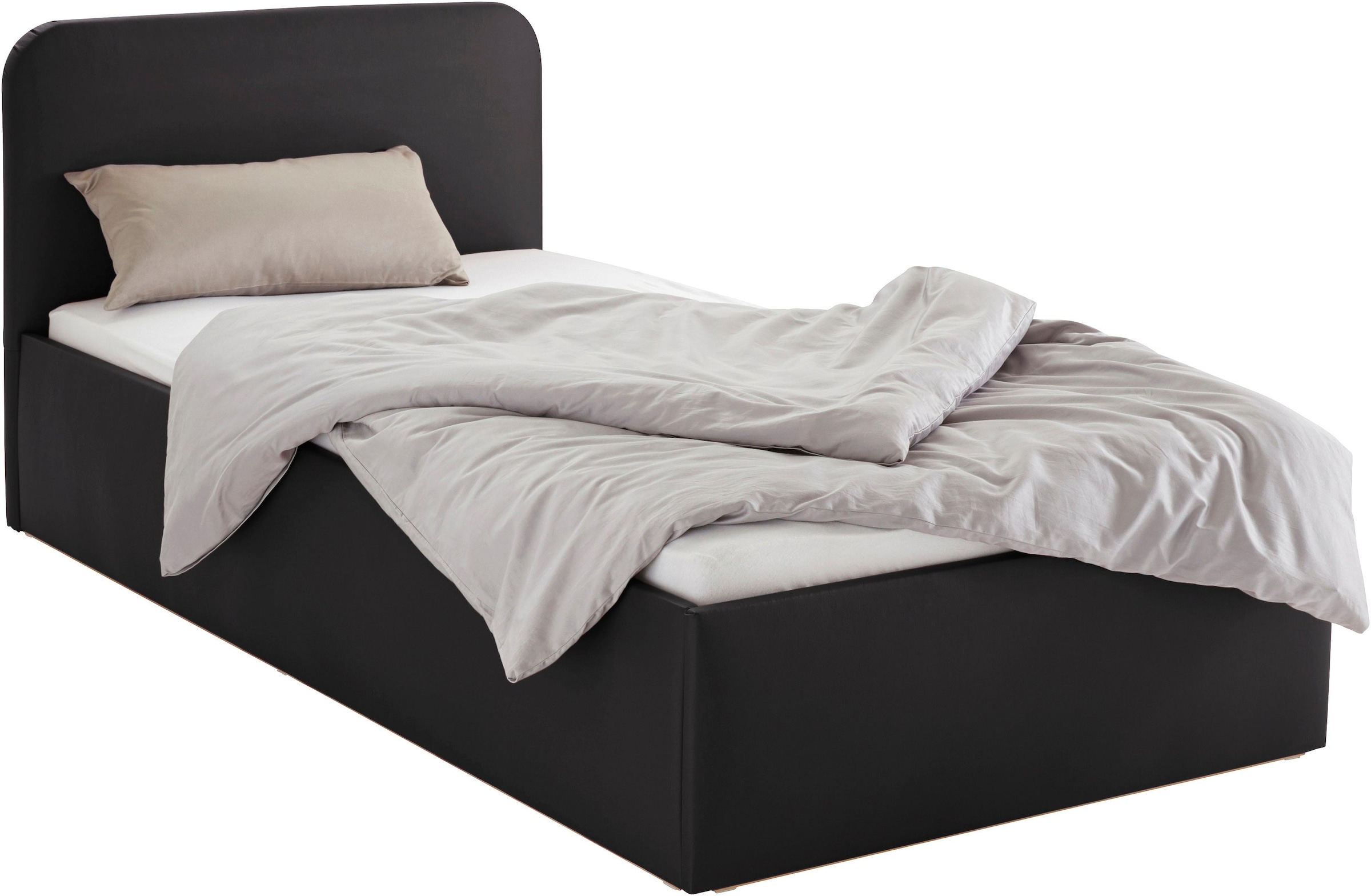 Polsterbett, schwarz, B:130cm L:210cm, Bezug Bett: wahlweise Microfaser (100% Polyester), Strukturstoff (77% Polyester, 23% Viskose) oder Kunstleder;Bonnell-Federkernmatratze: Mischgewebe (51% Polyprophlen, 39% Polyester, 10% Baumwolle);Kaltschaummatratze 3