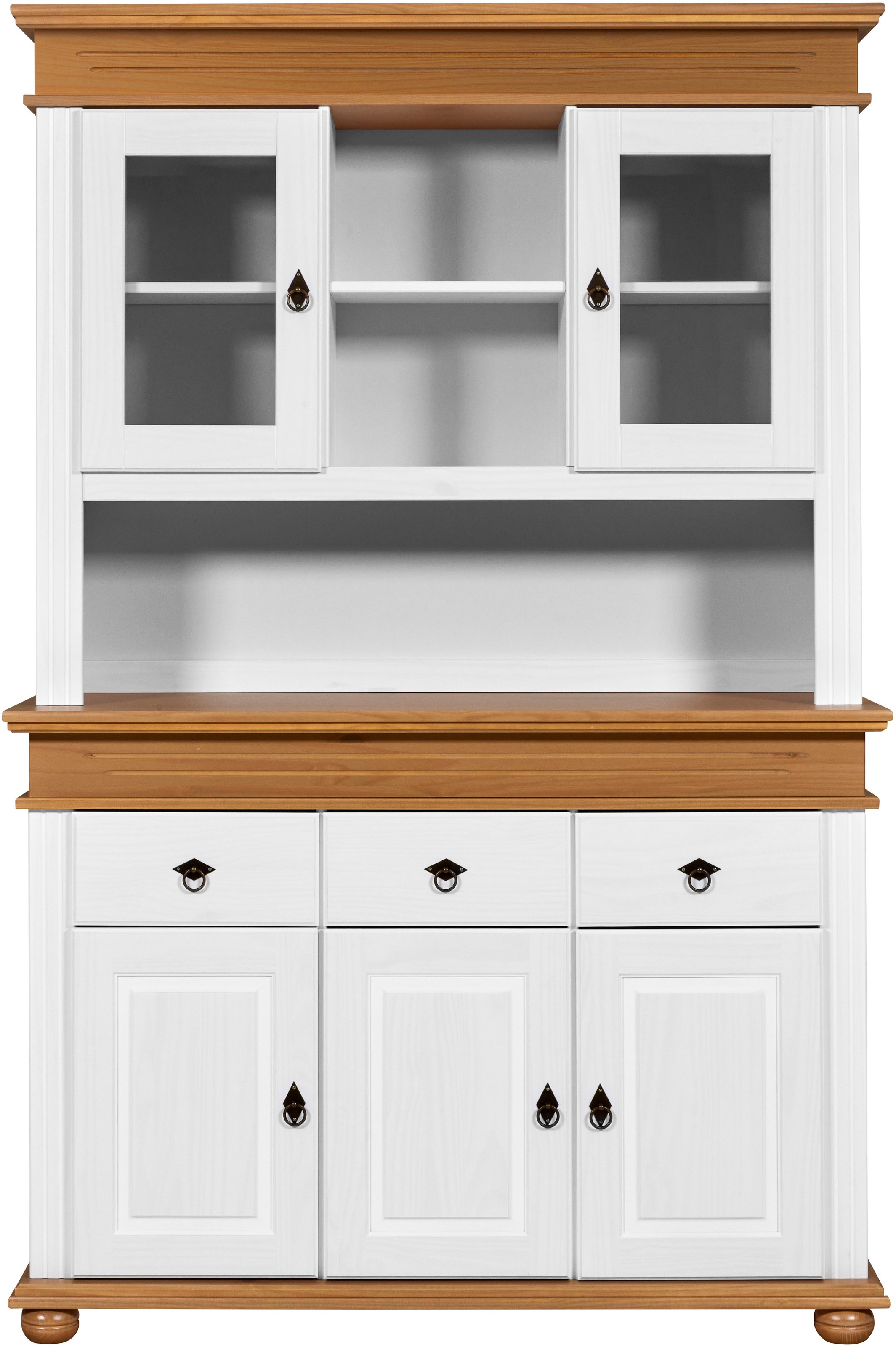 Inter Link Buffet »Halmaro, Kiefer Massivholz, Weiss/Braun-Oak, 141 x 46,30 x 213 cm« 1 Stk. tlg. Vitrine im Laudhausstil, Küchenschrank mit Glastüren, viel Stauraum