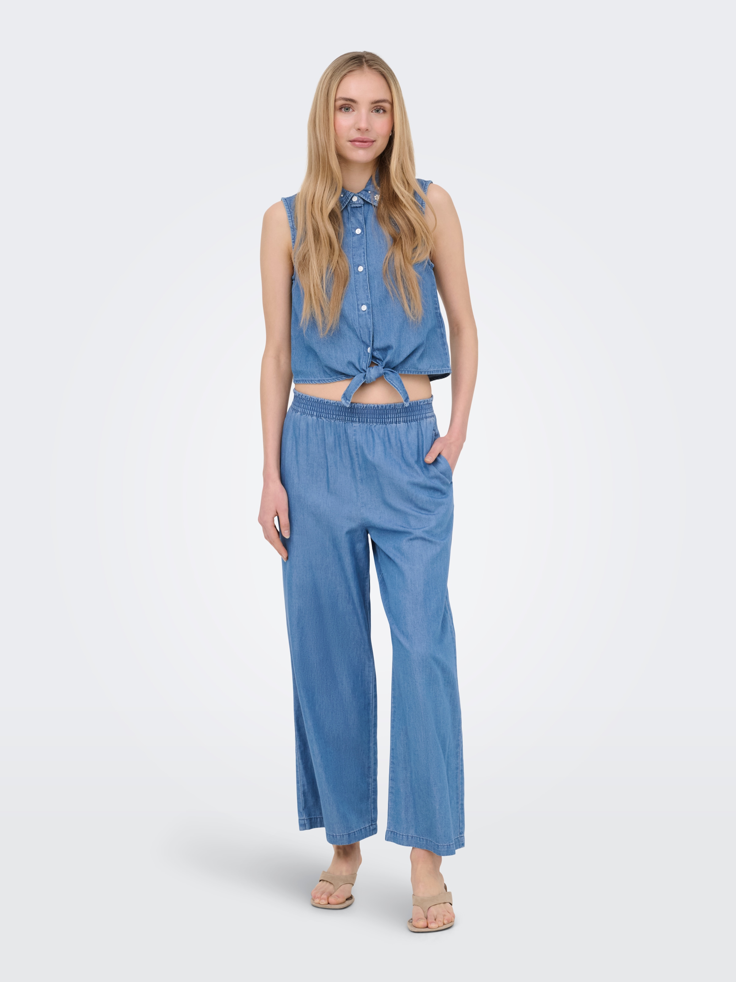 ONLY Jeansbluse »ONLBRIAR S/L PEARL KNOT SHIRT DNM QYT« Baumwolle