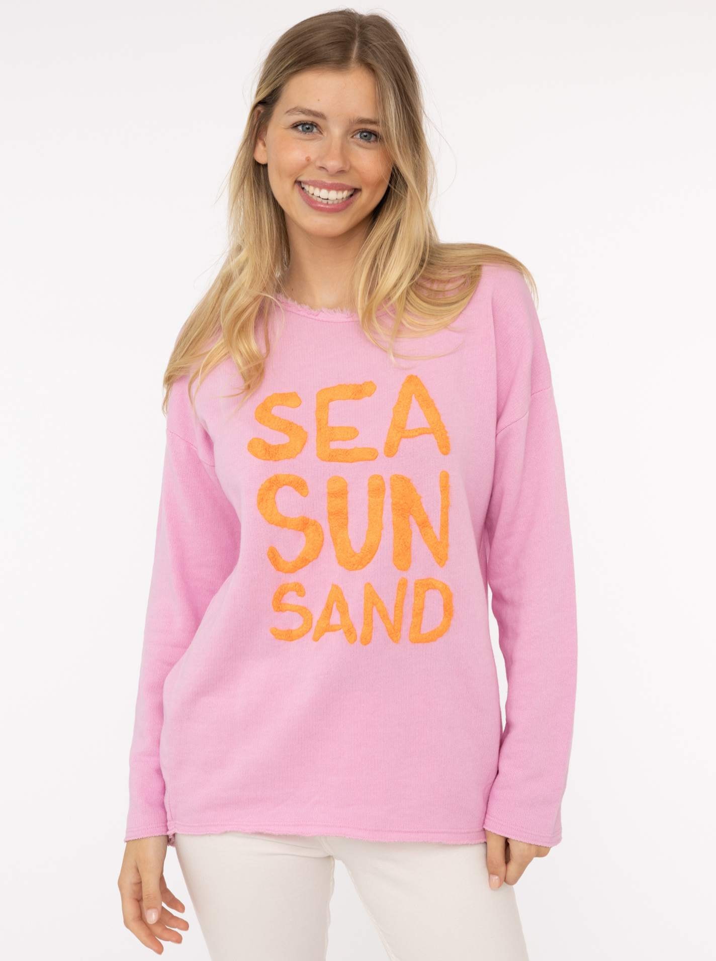 Zwillingsherz Sweater ""Sea Sand Sun"", Flock-Print, ausgefranster Rundhals günstig online kaufen
