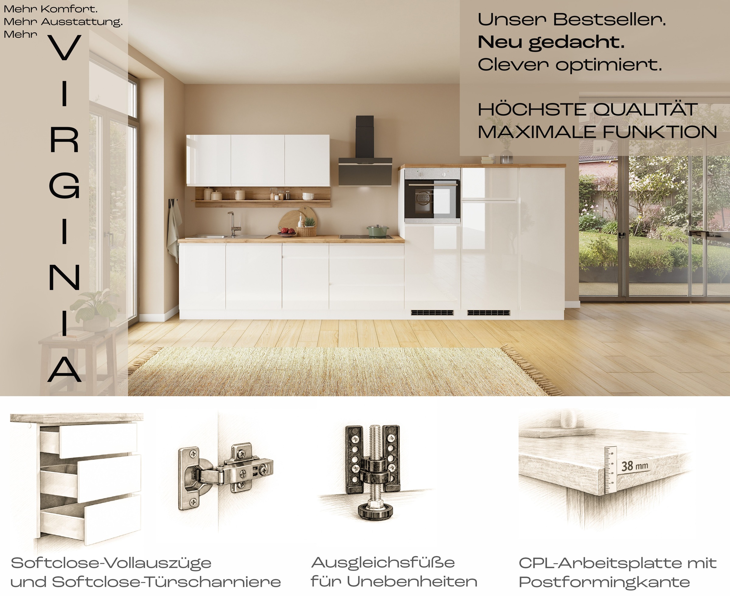 KOCHSTATION Küchenzeile »KS-Virginia,neu in verbesserter Ausführung« Arbeitsplatte 38 mm stark, Stauraum, Softclose,  Breite 330 cm, Soft-Close, ohne E-Geräte