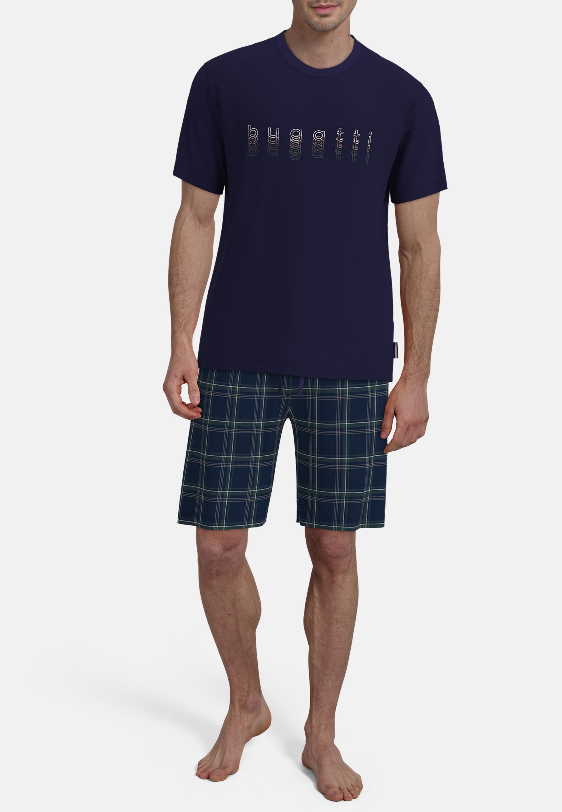 bugatti Shorty Kurzarm, Rundhalsausschnitt, kurze Hose, kariert,  mit Logo, Baumwolle