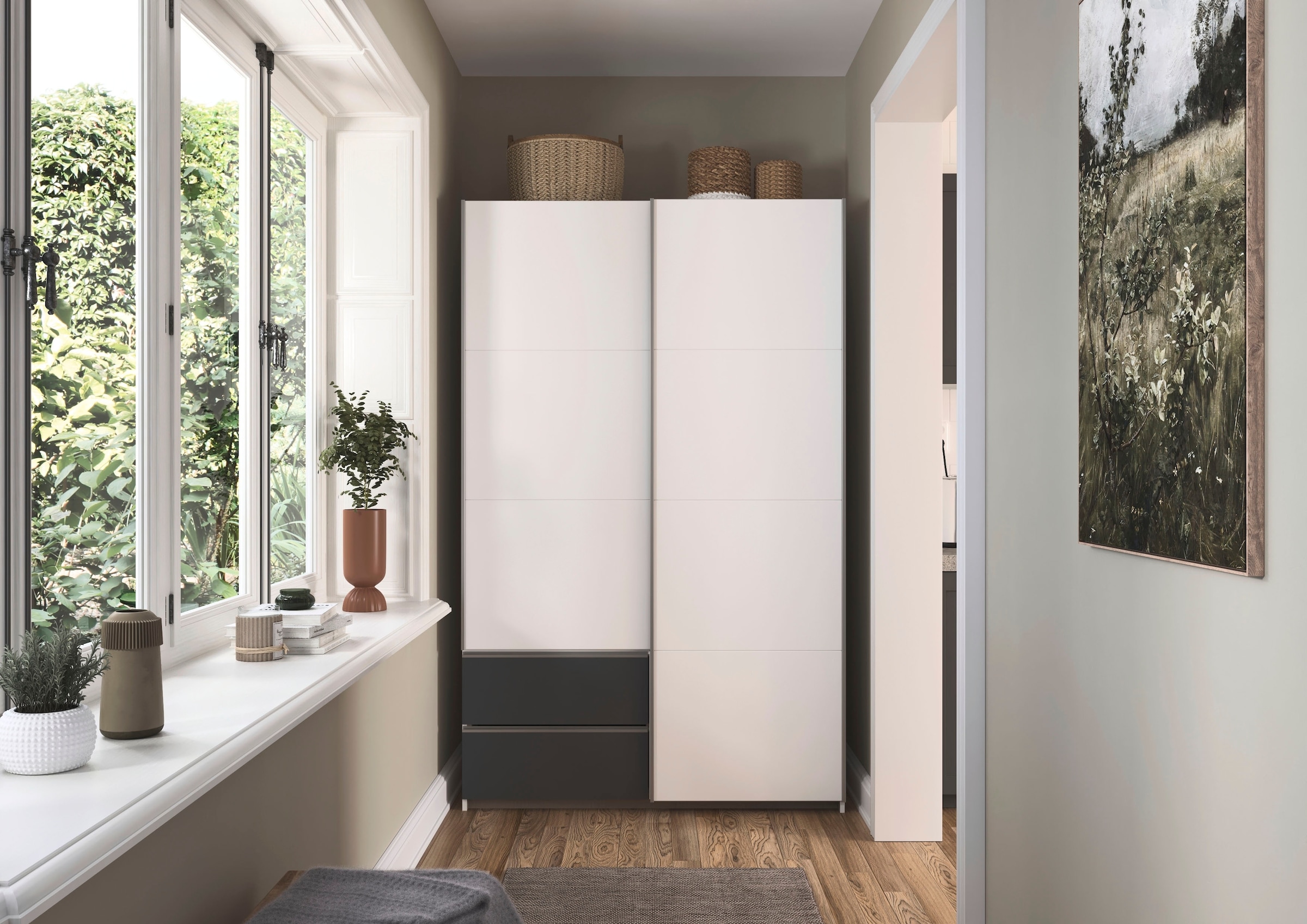 rauch Schwebetürenschrank »Kleiderschrank Schrank Garderobe Wäscheschrank SEVILLA«, (in 3 verschiedenen Ausstattungen BASIC/CLASSIC/PREMIUM), Metall-Griffleisten alufarben oder Graumetallic MADE IN GERMANY