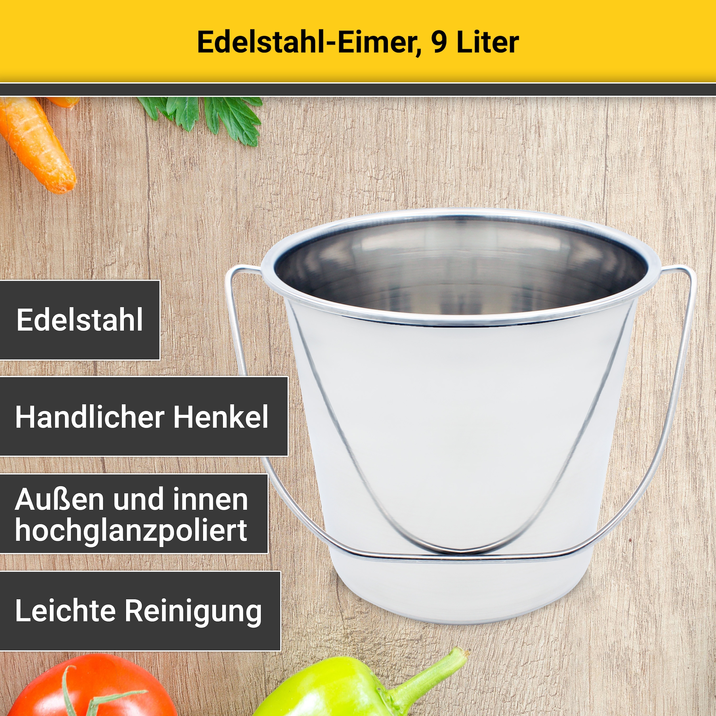 Krüger Mülleimer »Edelstahl Eimer rostfrei, 9 Liter« Stabiler Edelstahlgriff
