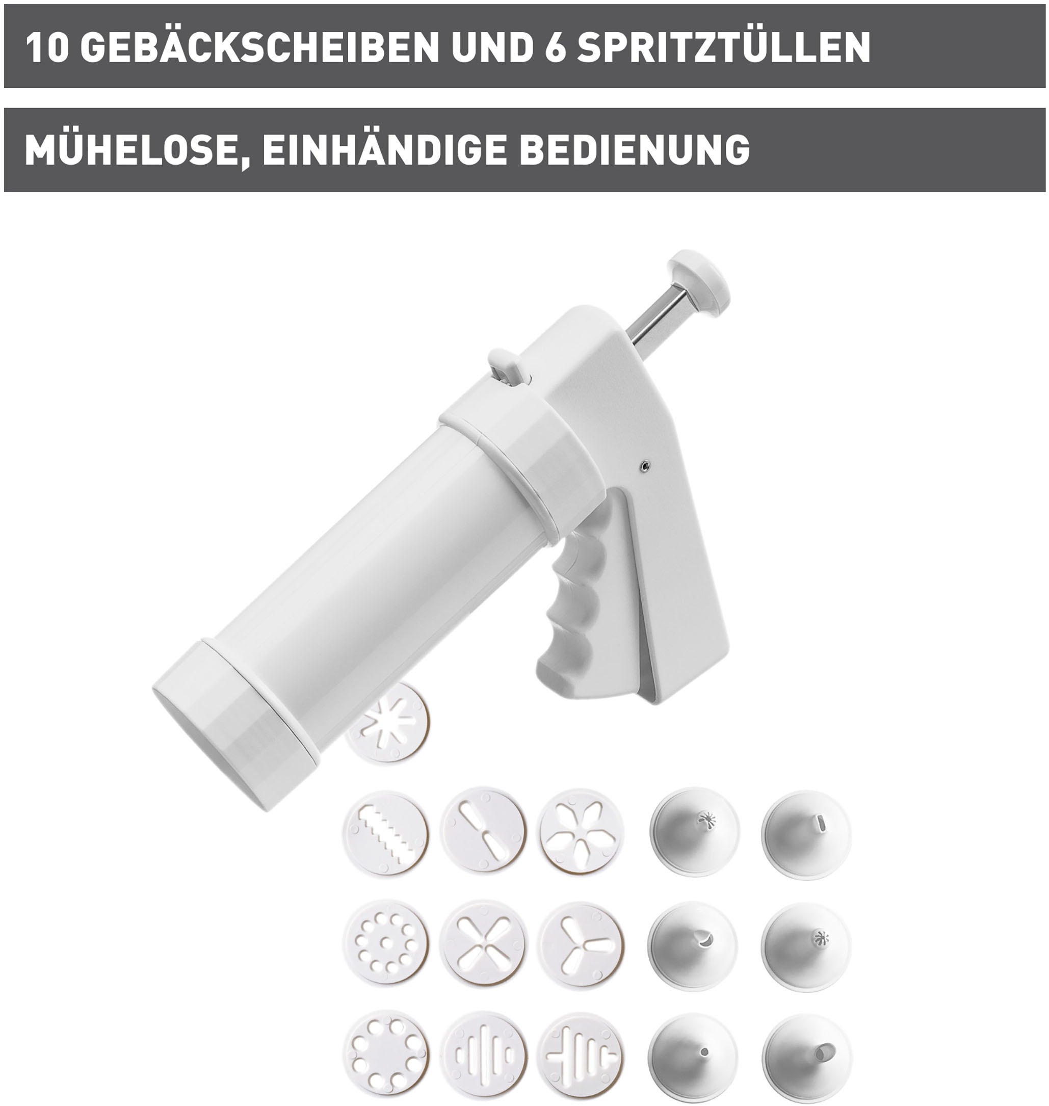 Kaiser Backformen Gebäckpresse »Inspiration«, (Set, 17 tlg.), Gebäckpresse, 6 Spritztüllen und 10 Gebäckscheiben, Einhandbedienung