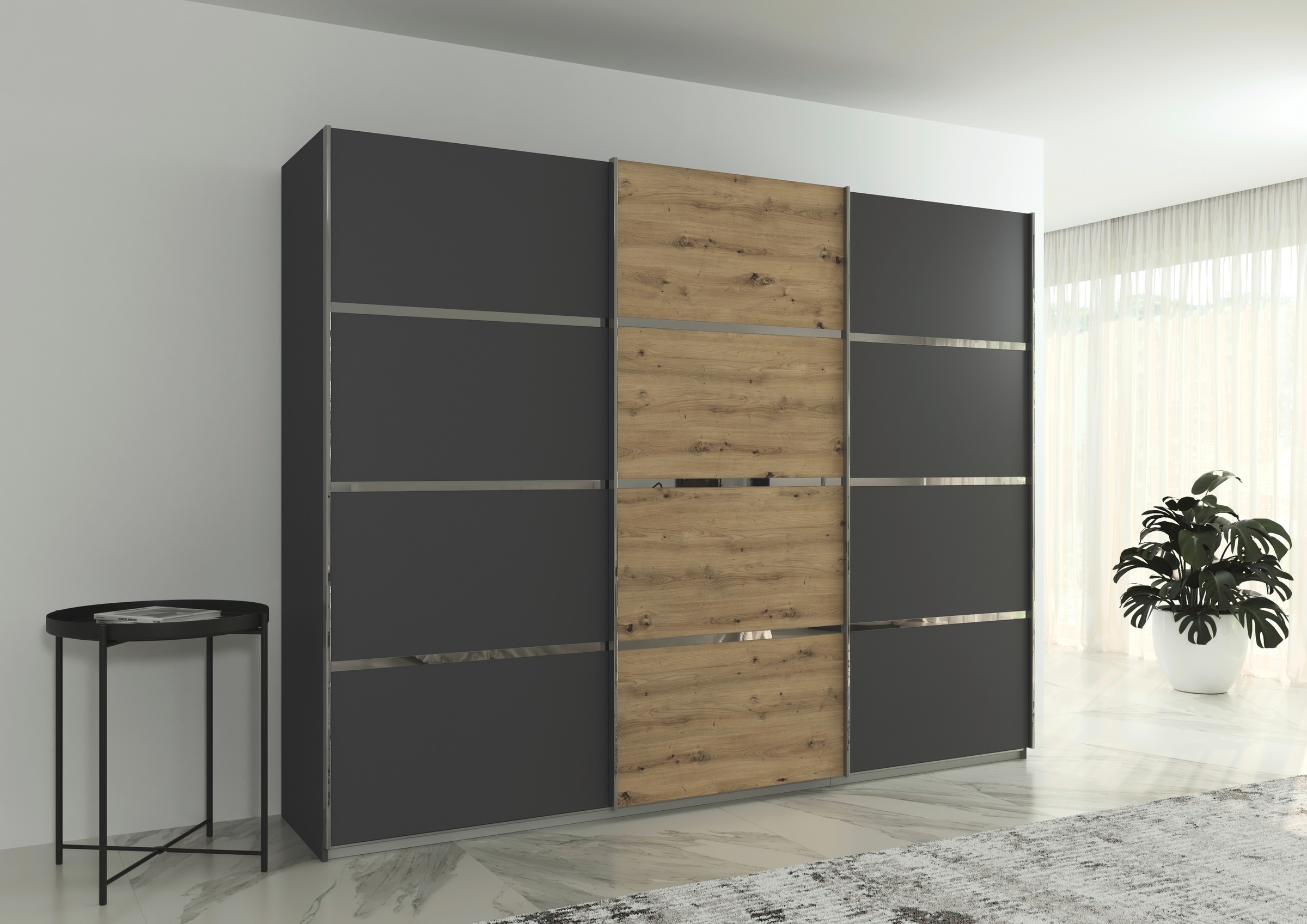 rauch Kleiderschrank »Schwebetürenschrank OTTO´s Choice Garderobe Schrank TOP ANGEBOT Avola«, (in 3 verschiedenen Ausstattungen BASIC/CLASSIC/PREMIUM), mit eleganten Zierleisten in Chrom, Schwarz oder Weiß MADE IN GERMANY