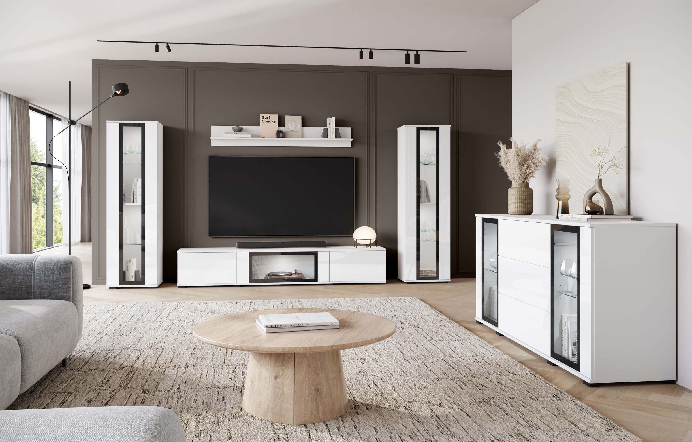 INOSIGN Sideboard »modernes Design mit Glaseinsätzen und 3 Schubladen, Breite 150 cm«, (1 St.), Grifflose Fronten mit Push-to-Open, höhenverstellbare Einlegeböden