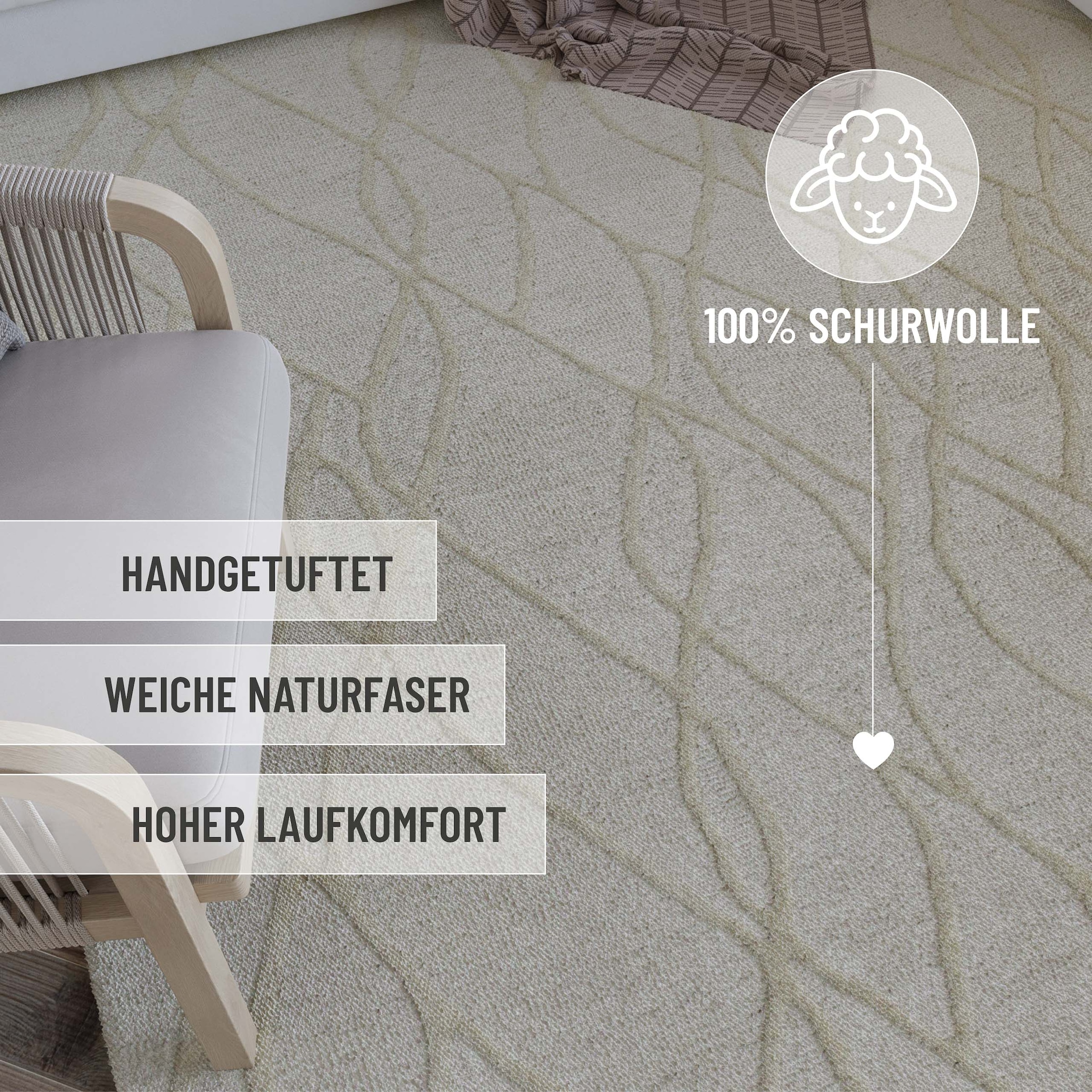 Wecon home Wollteppich »Hamptons TWENTYTHREE«, rund, 15 mm Höhe, Schurwolle, Kurzflor, Wohn- & Schlafzimmer, elegant, welliges Design