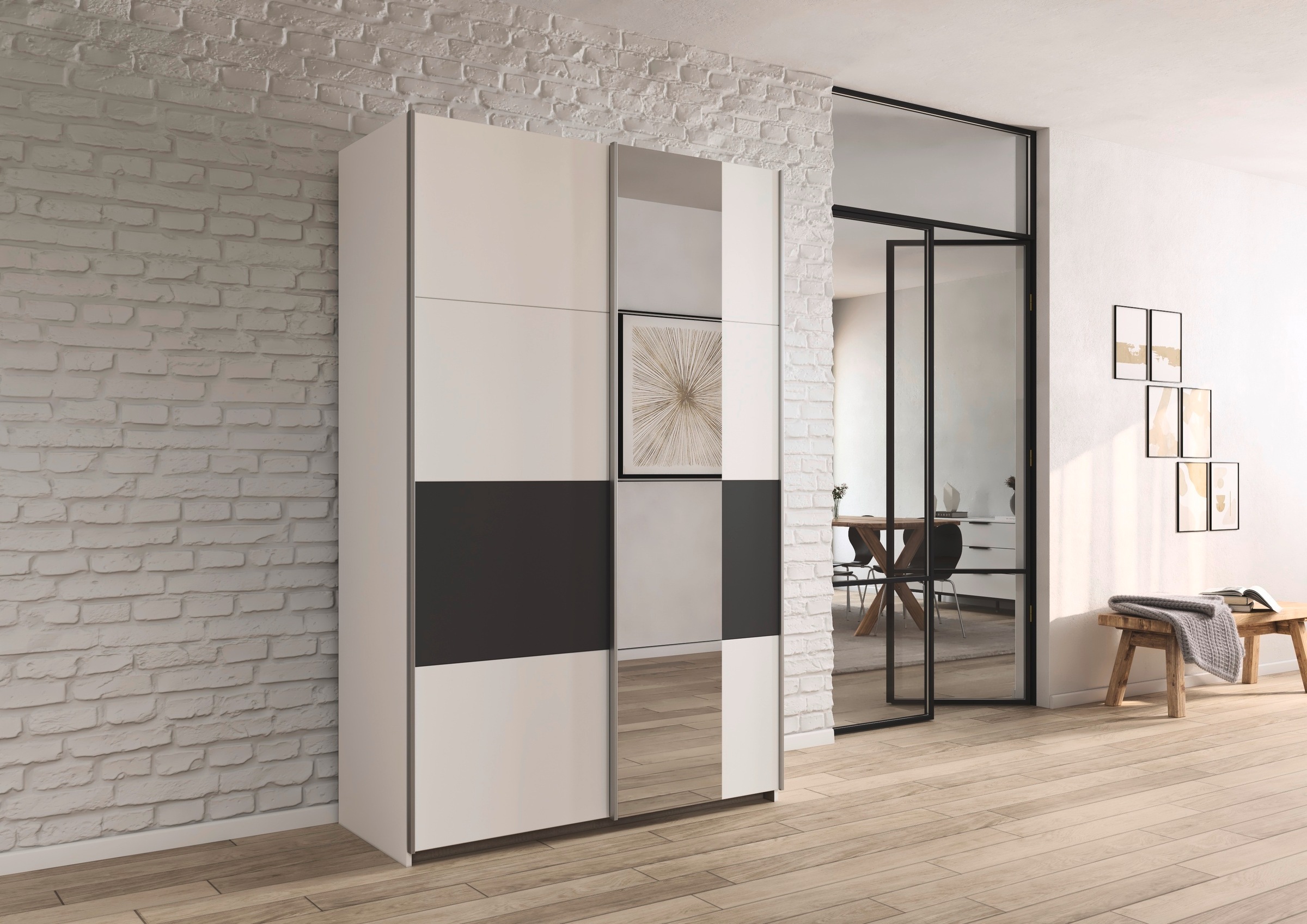rauch Schwebetürenschrank »Kleiderschrank Schrank Garderobe Schlafzimmerschrank OXFORD«, (in 3 verschiedenen Ausstattungen BASIC/CLASSIC/PREMIUM), mit Griffleisten aus Metall, auch für kleinere Räume MADE IN GERMANY