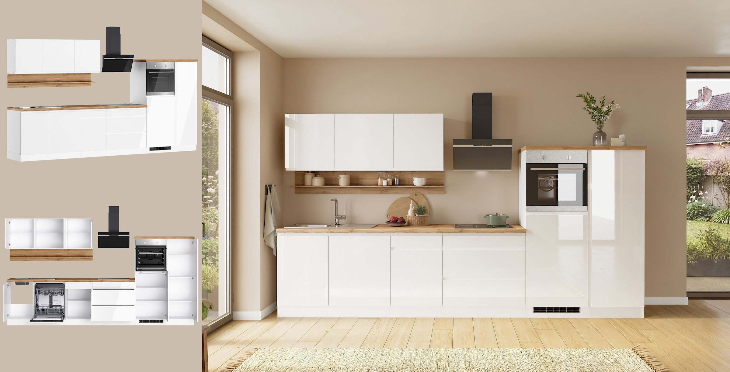 KOCHSTATION »KS-Virginia,neu in verbesserter Ausführung« Arbeitsplatte 38 mm stark, Stauraum, Softclose,  Breite 350 cm, Soft-Close, ohne E-Geräte