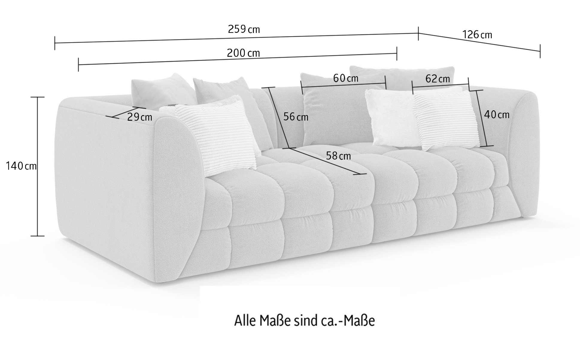 s.Oliver Big-Sofa »COBBO 3-Sitzer Design-Sofa Bubble-Optik, Maße B/T/H: 259/126/104 cm«, mit vielen Kissen, moderne Steppung und hoher Sitzkomfort