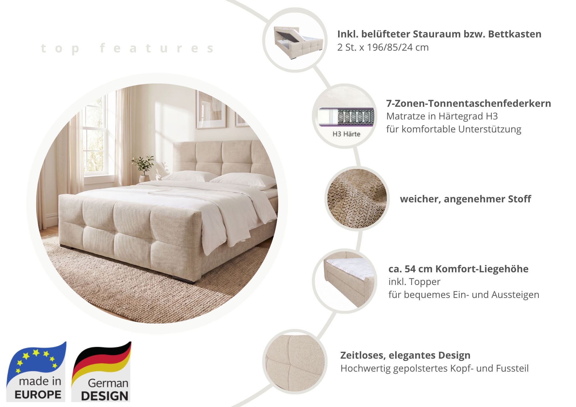 OTTO home Boxbett »RISE, Polsterbett mit Bettkasten, inkl. Taschenfederkernmatratze H3« inkl. Kaltschaumtopper, Strukturstoff-Bezug, Liegefläche 180x200 cm