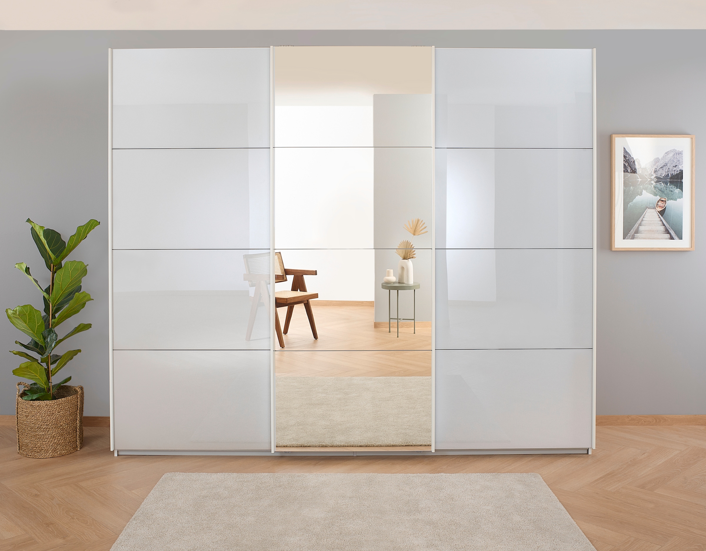 rauch Schwebetürenschrank »Kleiderschrank Schrank Garderobe KOLUNA mit Glastüren und Spiegel«, inkl. 2 Innenschubladen sowie extra Einlegeböden MADE IN GERMANY