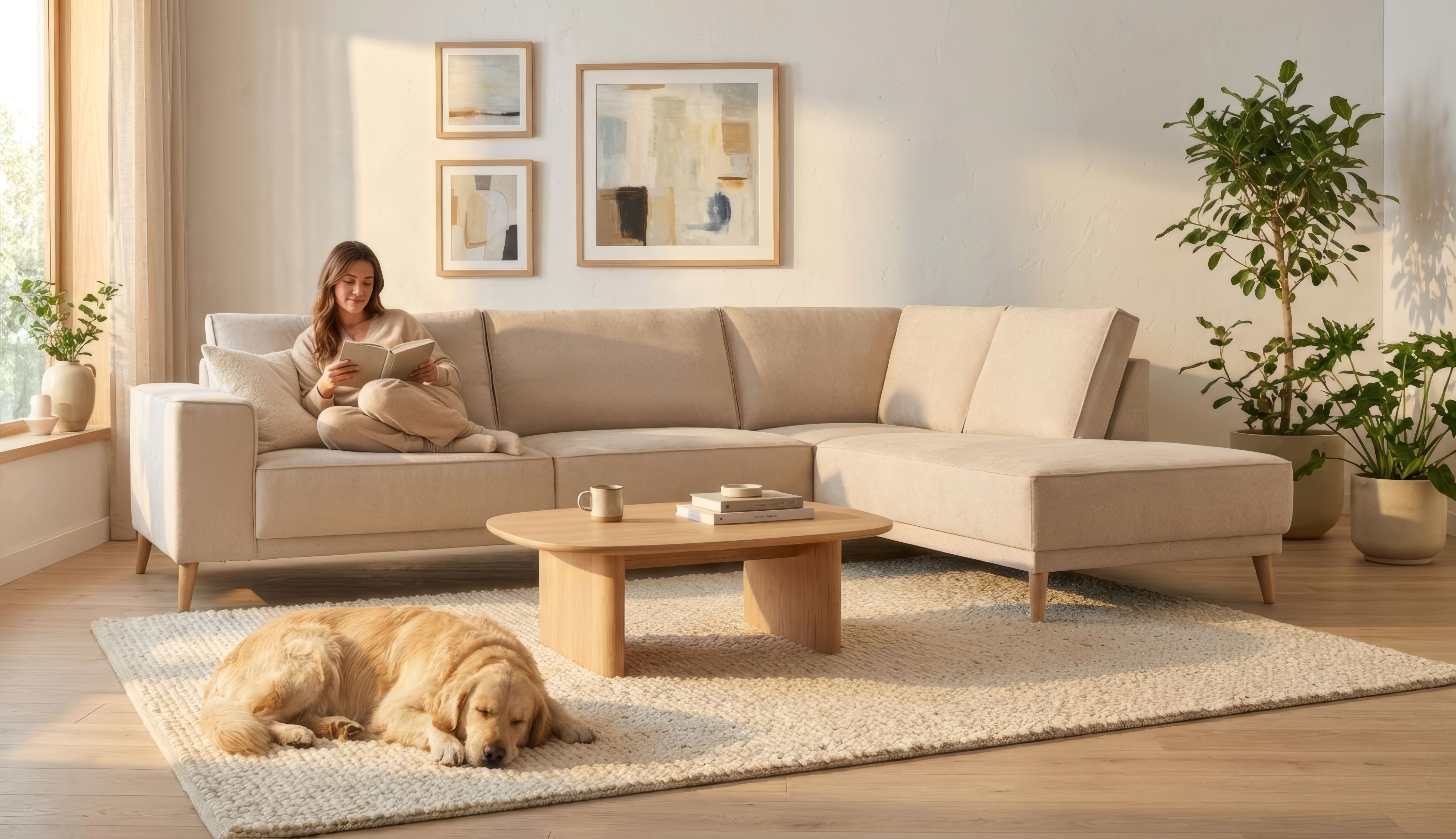 OTTO home Ecksofa "Oland Skandi, weicher Chenille-Stoff" L-Form, 289 cm, Wellenunterfederung, Skandi-Design, Massivholzfüße