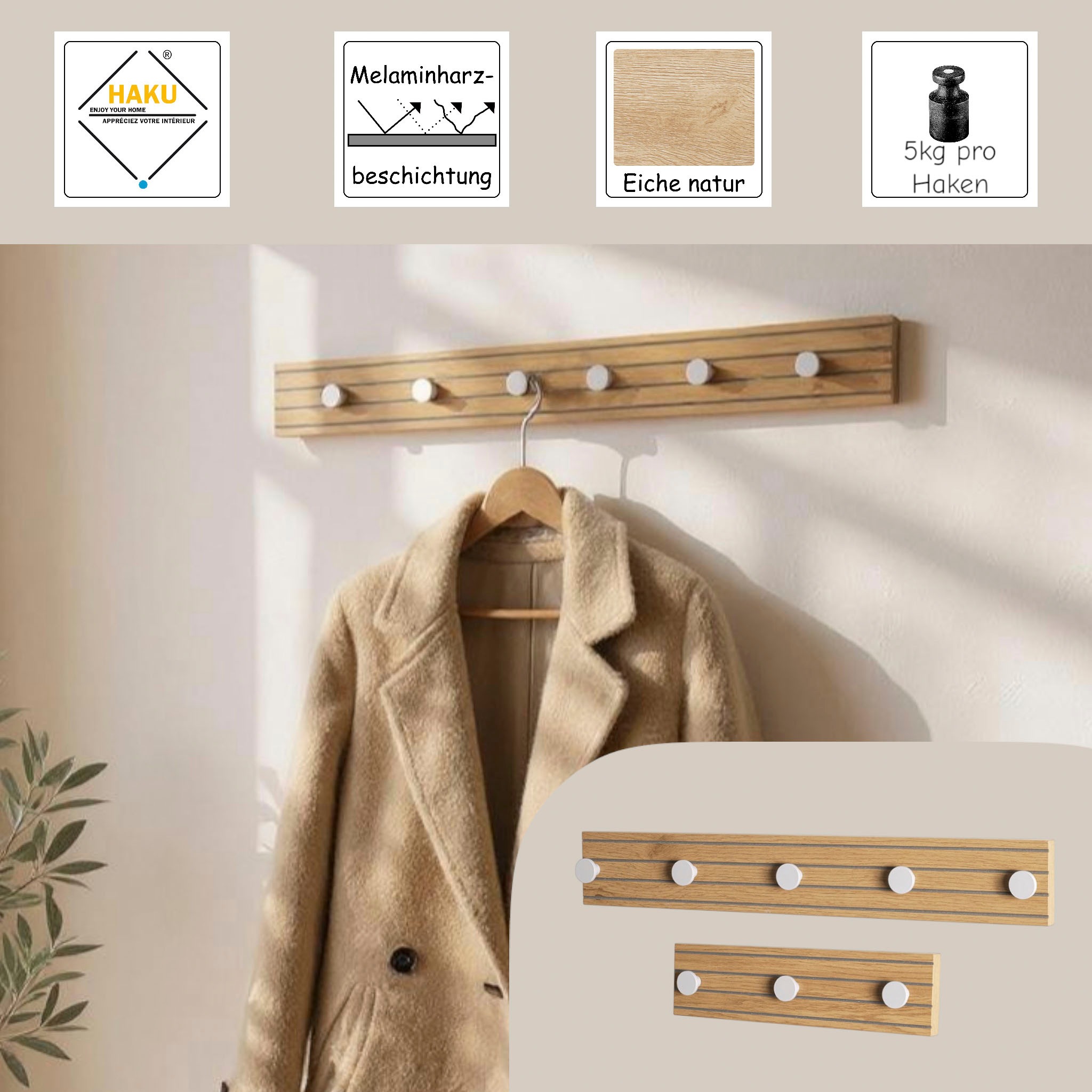 HAKU Wandgarderobe »Flurgarderobe, Garderobe, Garderobenhaken, Garderobenleiste,« 1 Stk. tlg. rechteckig - aus MDF Braun - B/T/H 80/4/9 cm