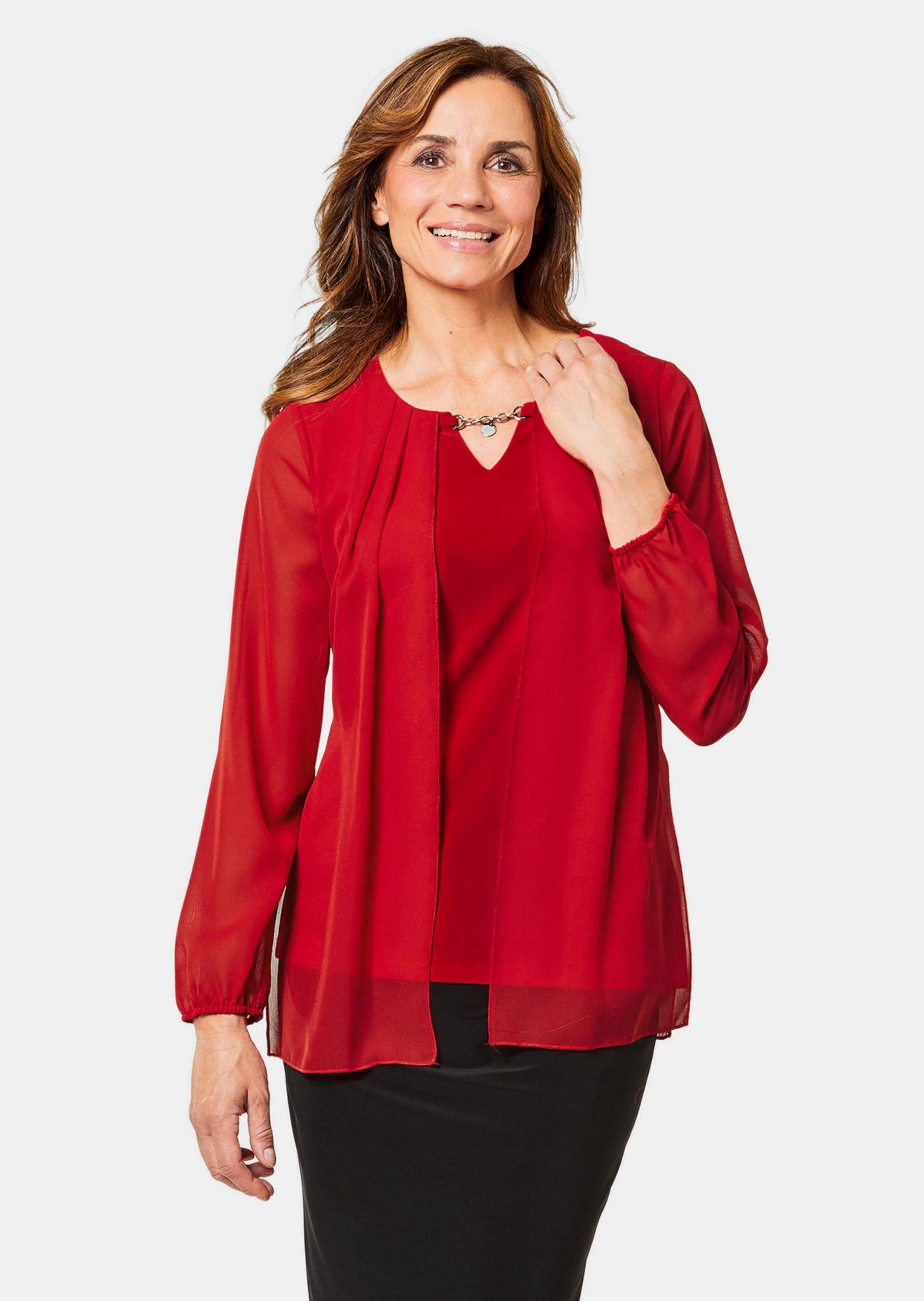 GOLDNER Kurzarmbluse »Bluse mit Chiffonüberwurf Festliche Bluse mit Chiffonüberwurf und Schmuckelement«